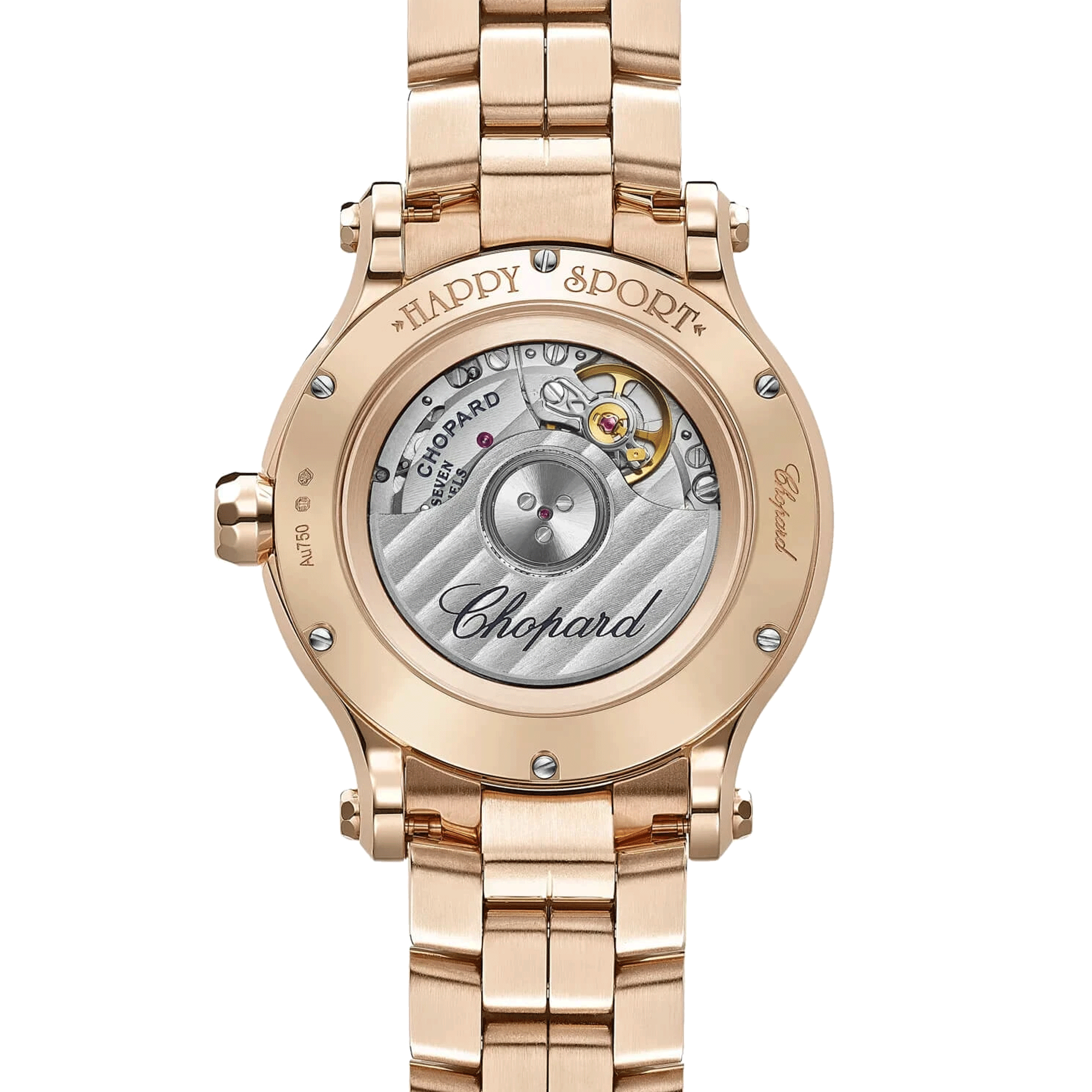 Montre Chopard Happy Sport Or Rose automatique lunette sertie cadran doré bracelet or rose 33 mm 275378-5009