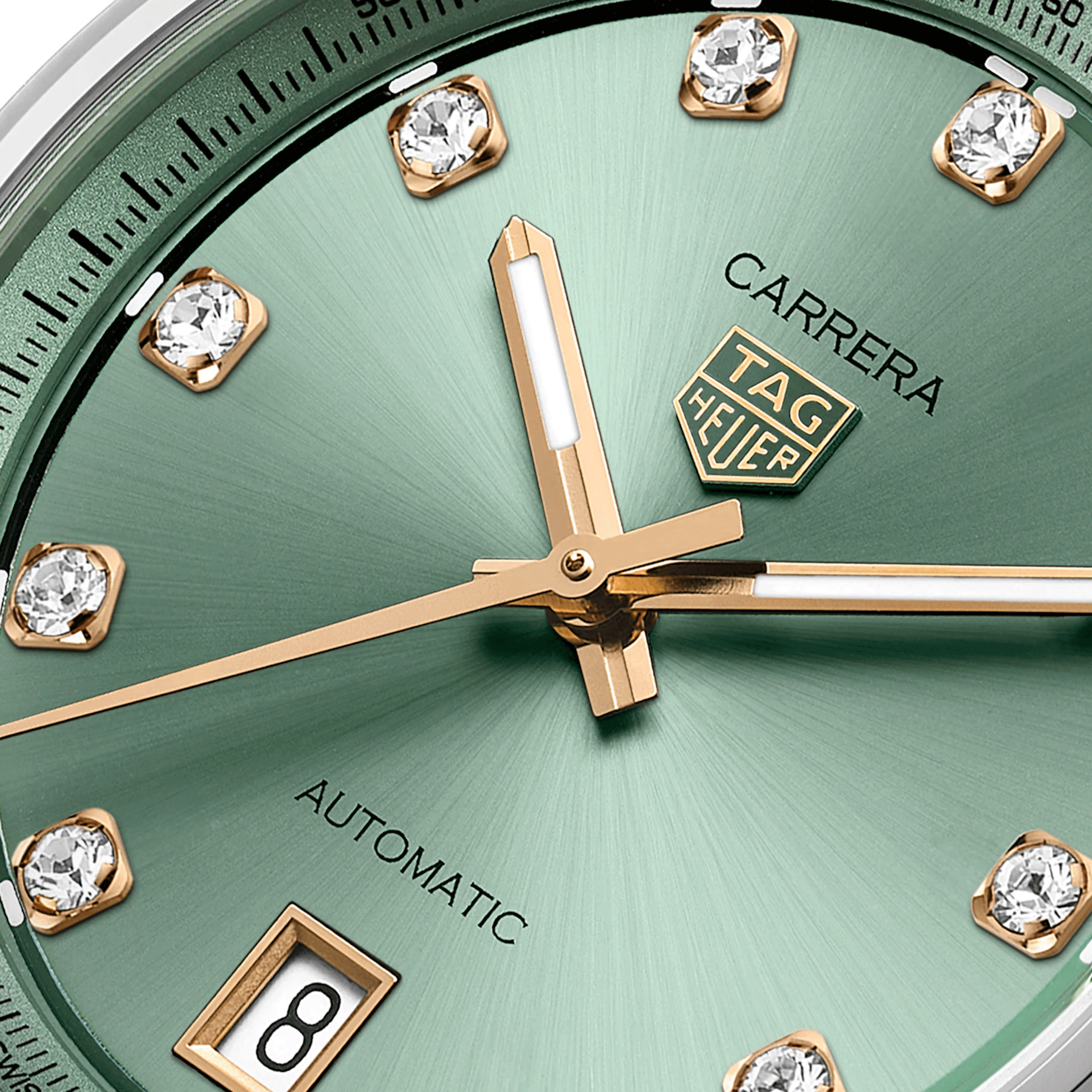 Montre TAG Heuer Carrera automatique index diamants or rose cadran vert bracelet acier 36 mm WBN2317.BA0001