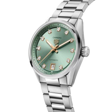 Montre TAG Heuer Carrera automatique index diamants or rose cadran vert bracelet acier 36 mm WBN2317.BA0001