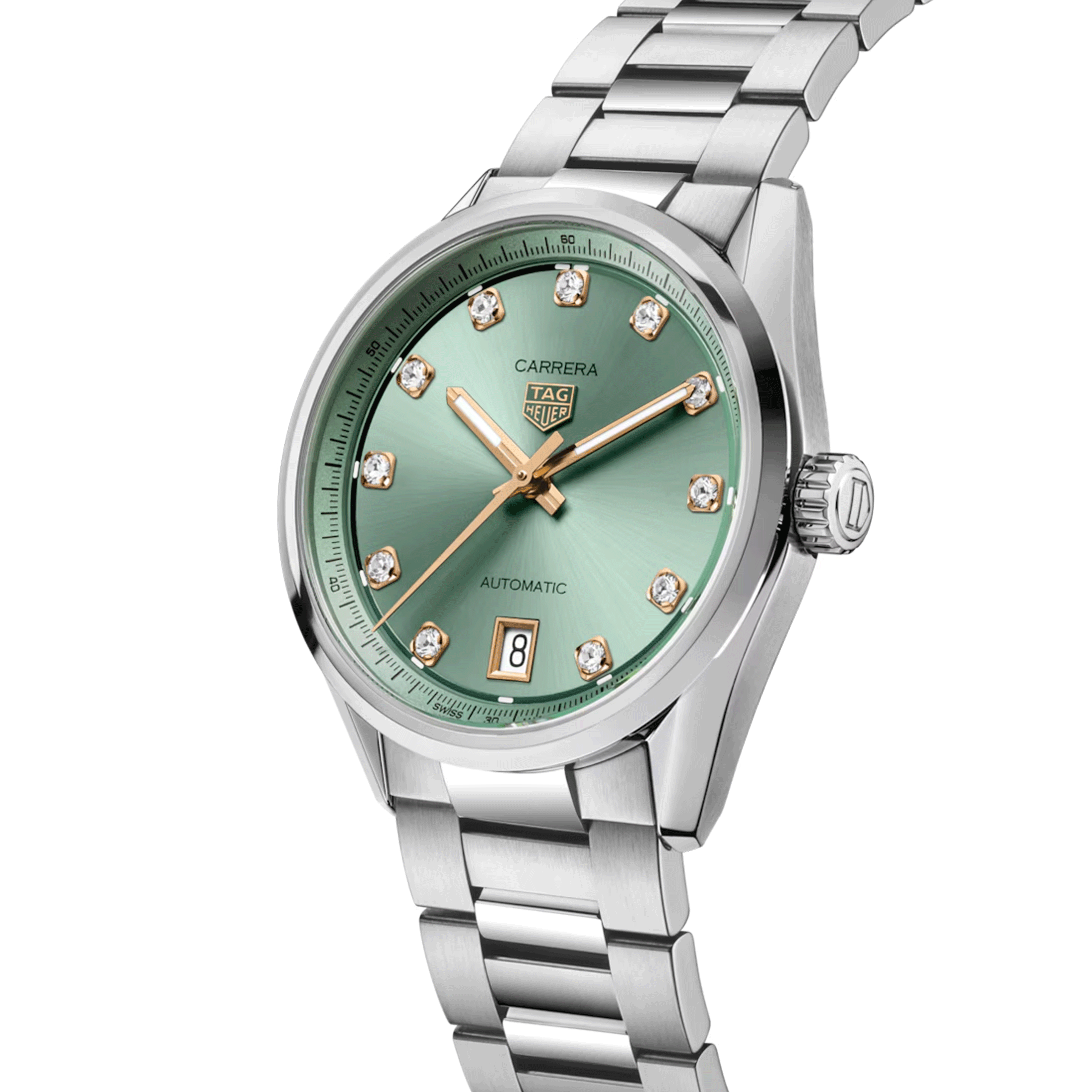 Montre TAG Heuer Carrera automatique index diamants or rose cadran vert bracelet acier 36 mm WBN2317.BA0001