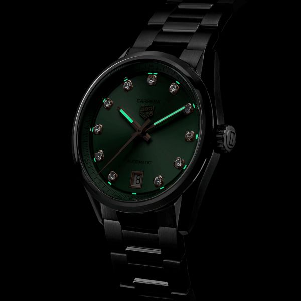 Montre TAG Heuer Carrera automatique index diamants or rose cadran vert bracelet acier 36 mm WBN2317.BA0001