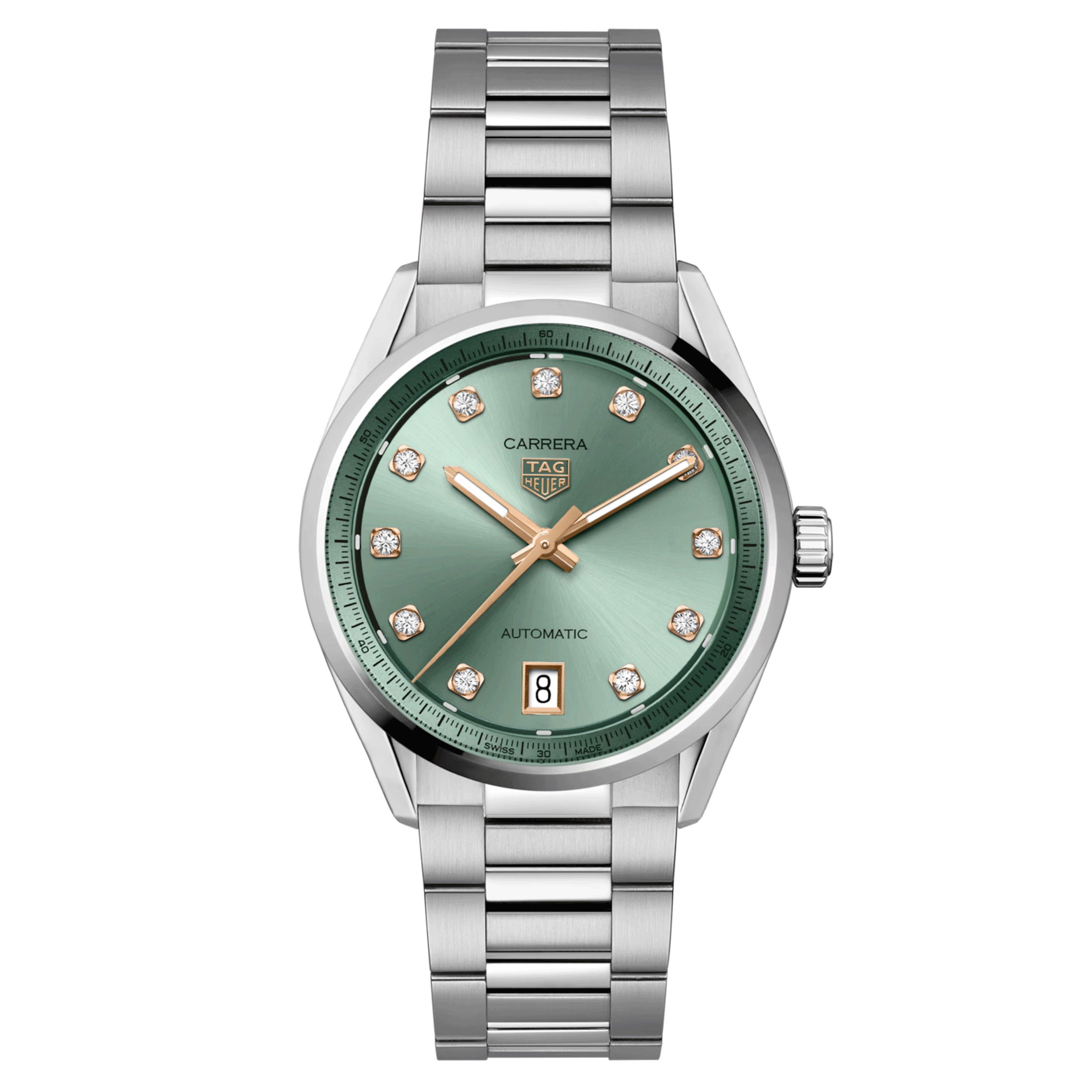 Montre TAG Heuer Carrera automatique index diamants or rose cadran vert bracelet acier 36 mm WBN2317.BA0001