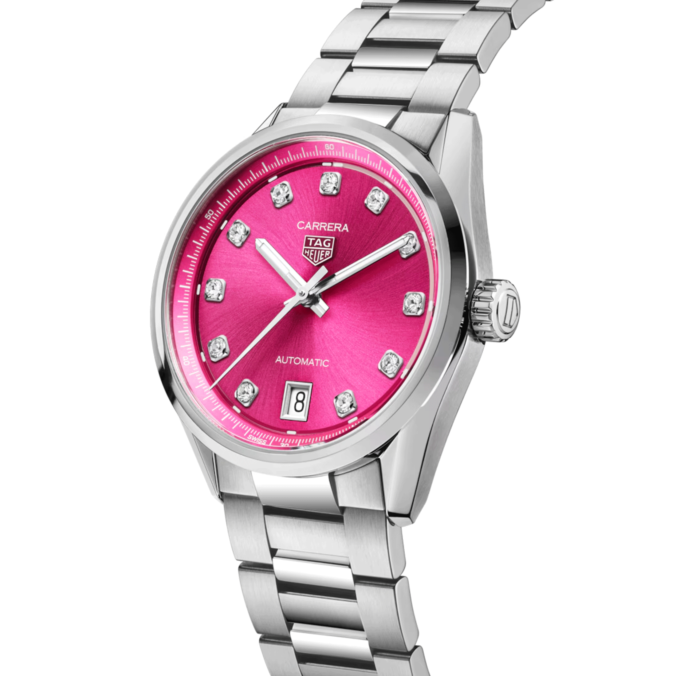 Montre TAG Heuer Carrera automatique index diamants cadran rose bracelet acier 36 mm WBN2318.BA0001