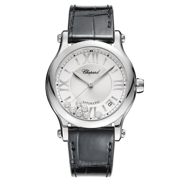 Chopard Happy Sport automatic watch silver dial black leather strap 36 mm 278559-3001
