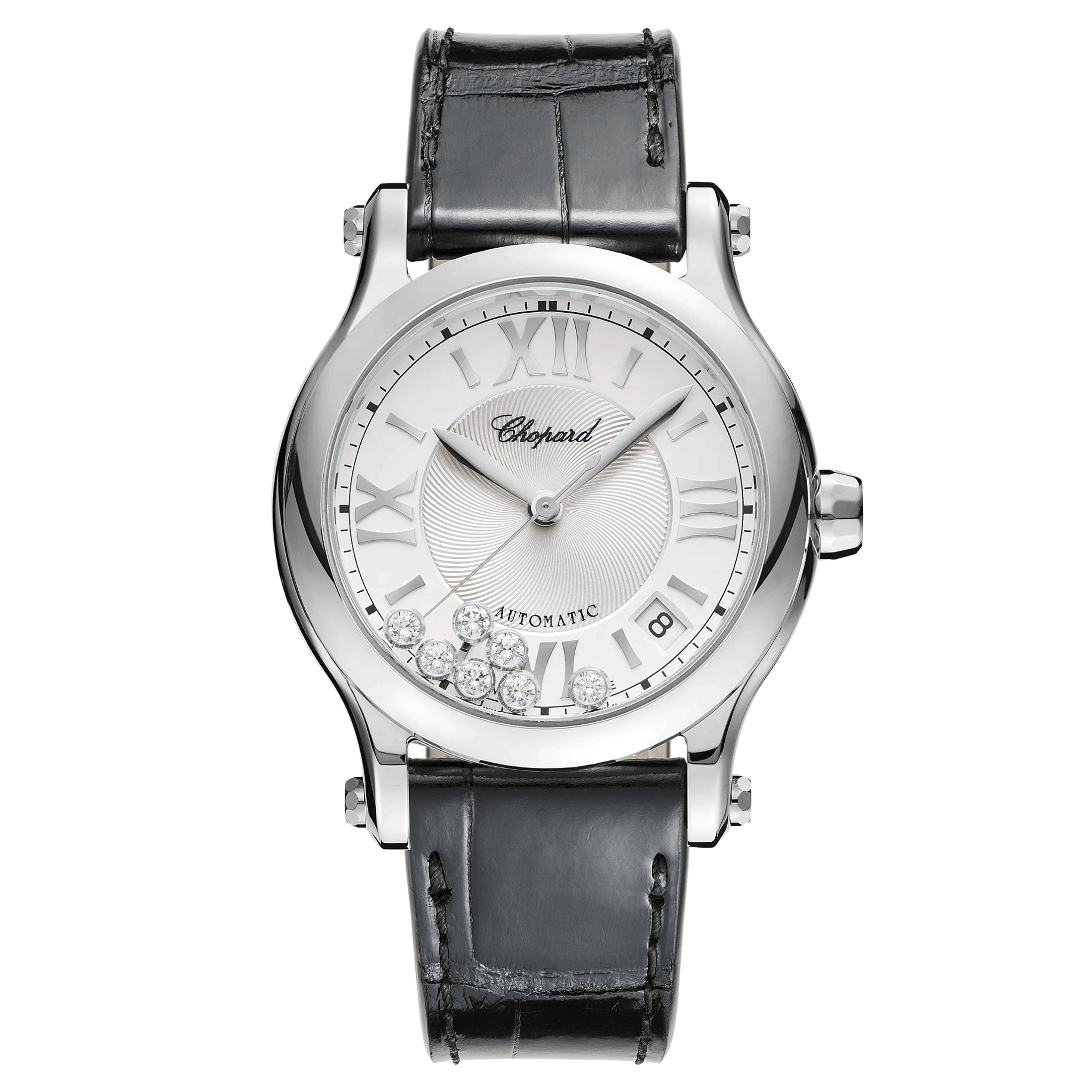 Montre Chopard Happy Sport automatique cadran argent bracelet cuir noir 36 mm 278559-3001