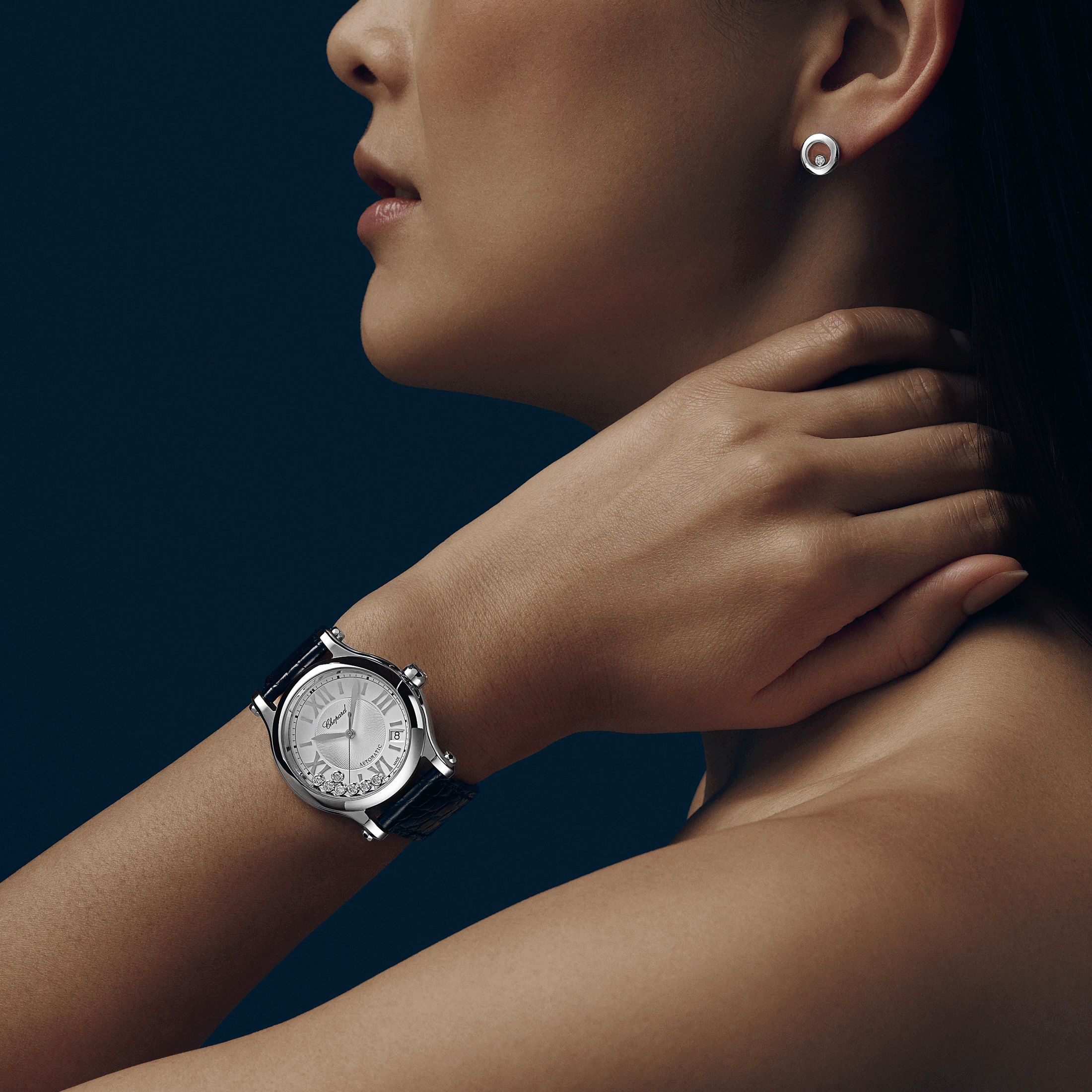 Montre Chopard Happy Sport automatique cadran argent bracelet cuir noir 36 mm 278559-3001