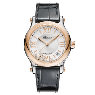 Chopard Happy Sport automatic watch rose gold bezel silver dial black leather strap 36 mm 278559-6001