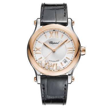 Montre Chopard Happy Sport automatique lunette or rose cadran argent bracelet cuir noir 36 mm 278559-6001