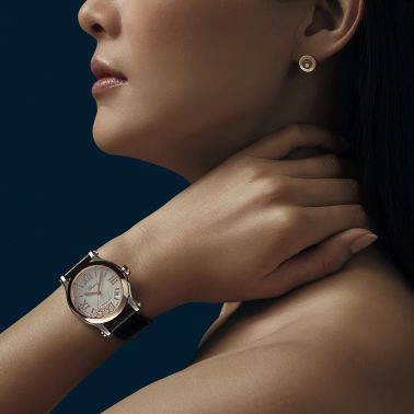 Chopard Happy Sport automatic watch rose gold bezel silver dial black leather strap 36 mm 278559-6001