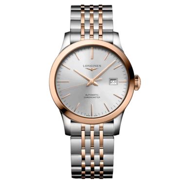 Montre Longines Record automatique cadran argenté bracelet acier et or rose 30 mm L2.321.5.72.7