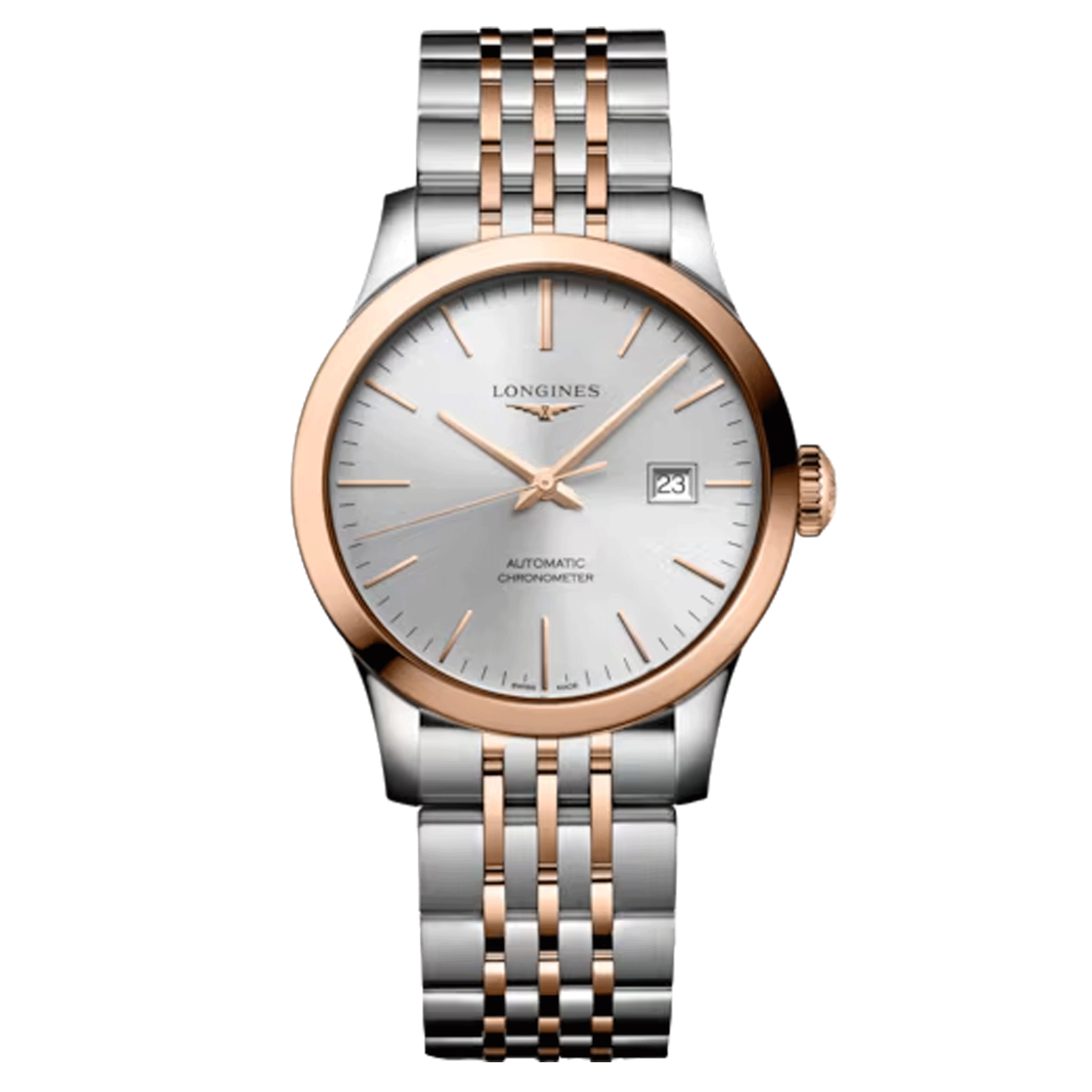 Montre Longines Record automatique cadran argenté bracelet acier et or rose 30 mm L2.321.5.72.7