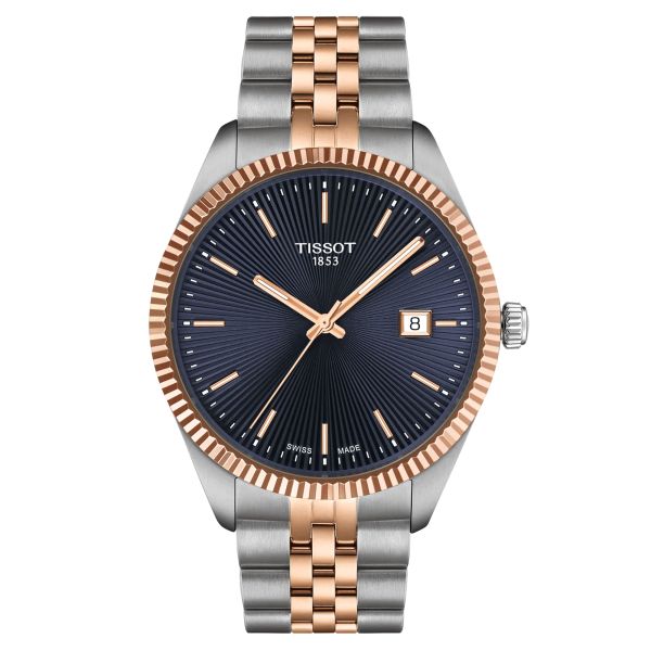 Tissot T-Classic Ballade quartz watch blue dial steel bracelet and rose gold pvd 40 mm T156.410.22.041.00