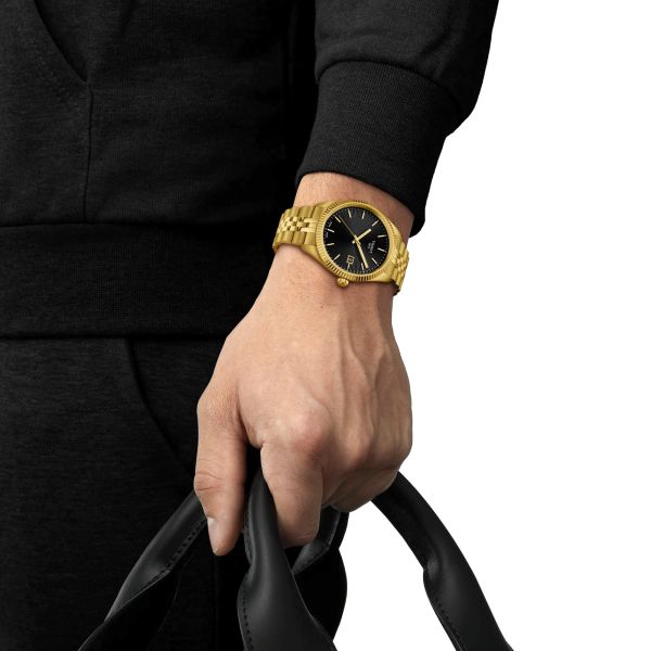 Montre Tissot T-Classic Ballade quartz cadran noir bracelet acier pvd or jaune 40 mm T156.410.33.051.00