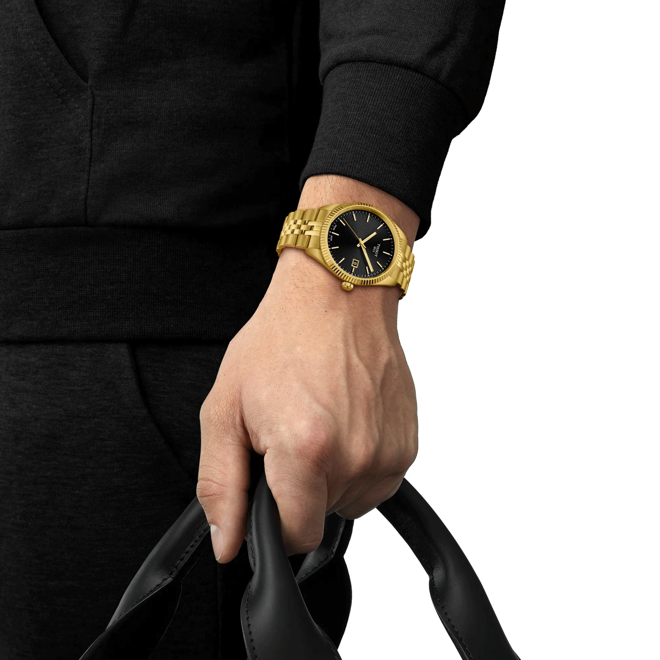 Montre Tissot T-Classic Ballade quartz cadran noir bracelet acier pvd or jaune 40 mm T156.410.33.051.00