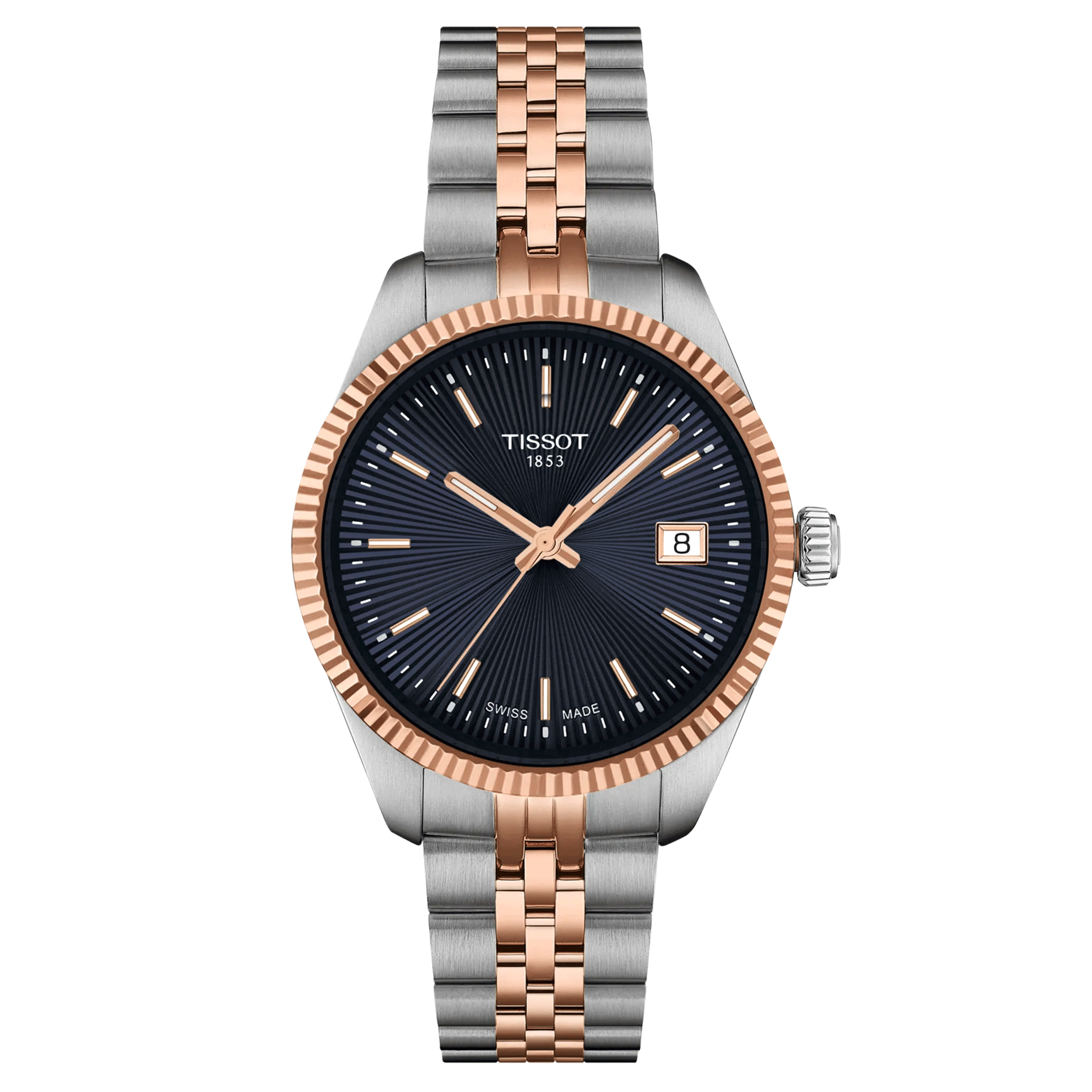 Montre Tissot T-Classic Ballade quartz cadran bleu bracelet acier et pvd or rose 34 mm T156.210.22.041.00