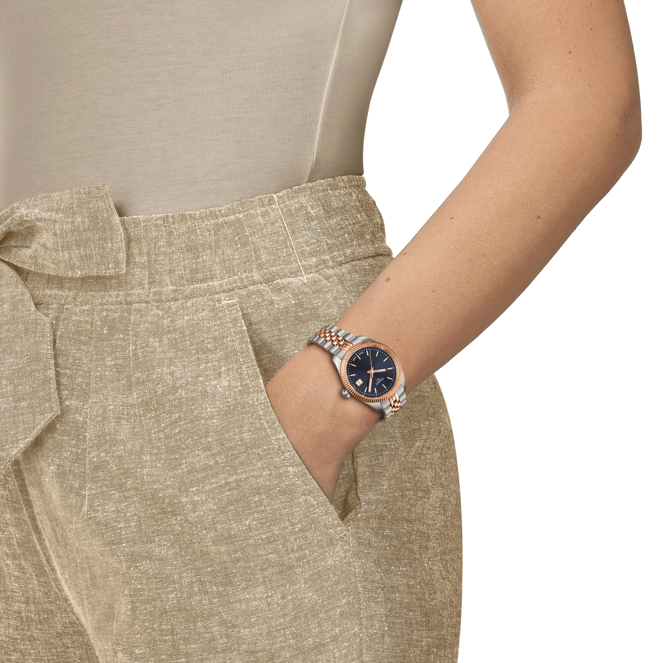 Tissot T-Classic Ballade quartz watch blue dial steel bracelet and rose gold pvd 34 mm T156.210.22.041.00