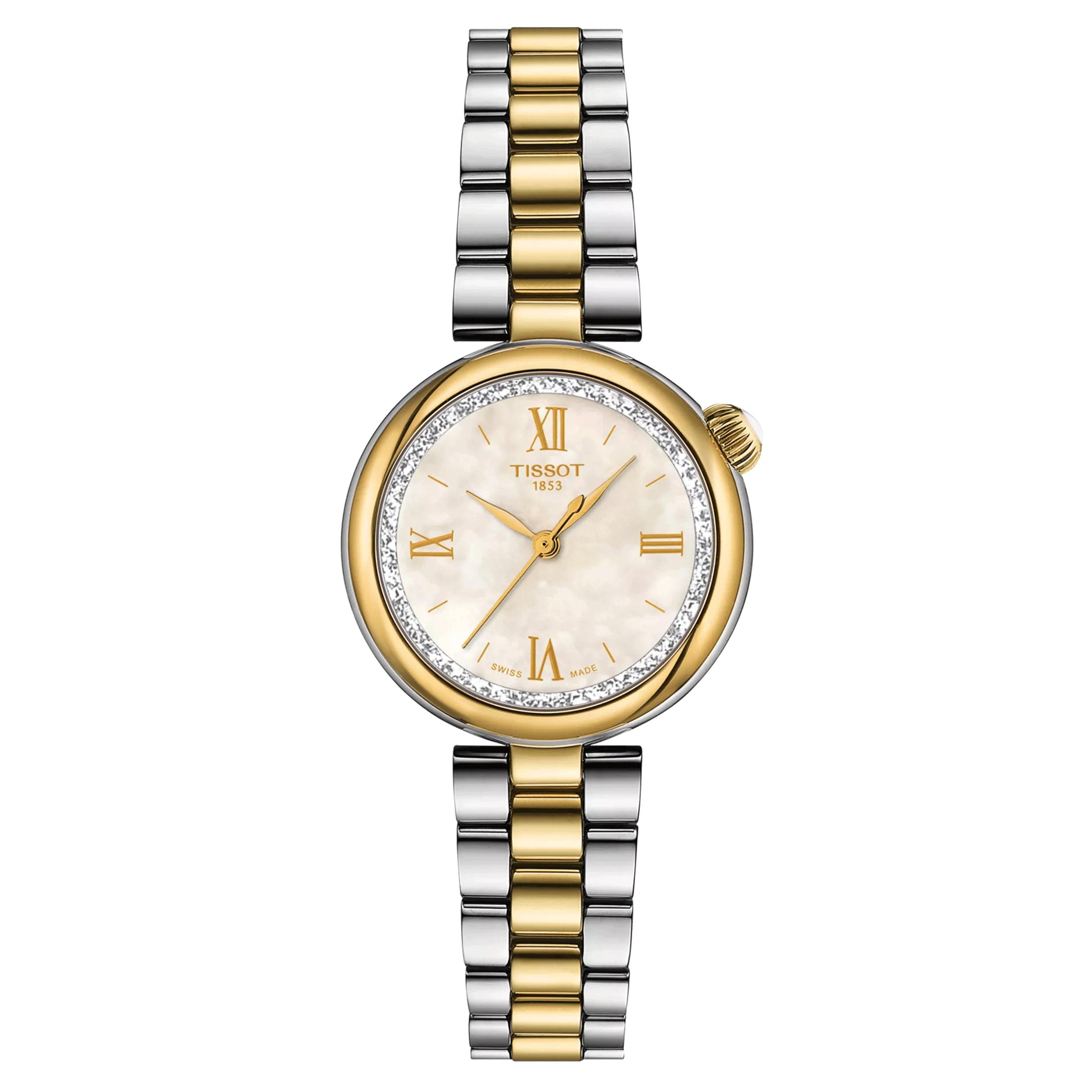 Tissot Désir quartz watch white mother-of-pearl dial steel bracelet and yellow gold pvd 28 mm T152.010.22.118.01