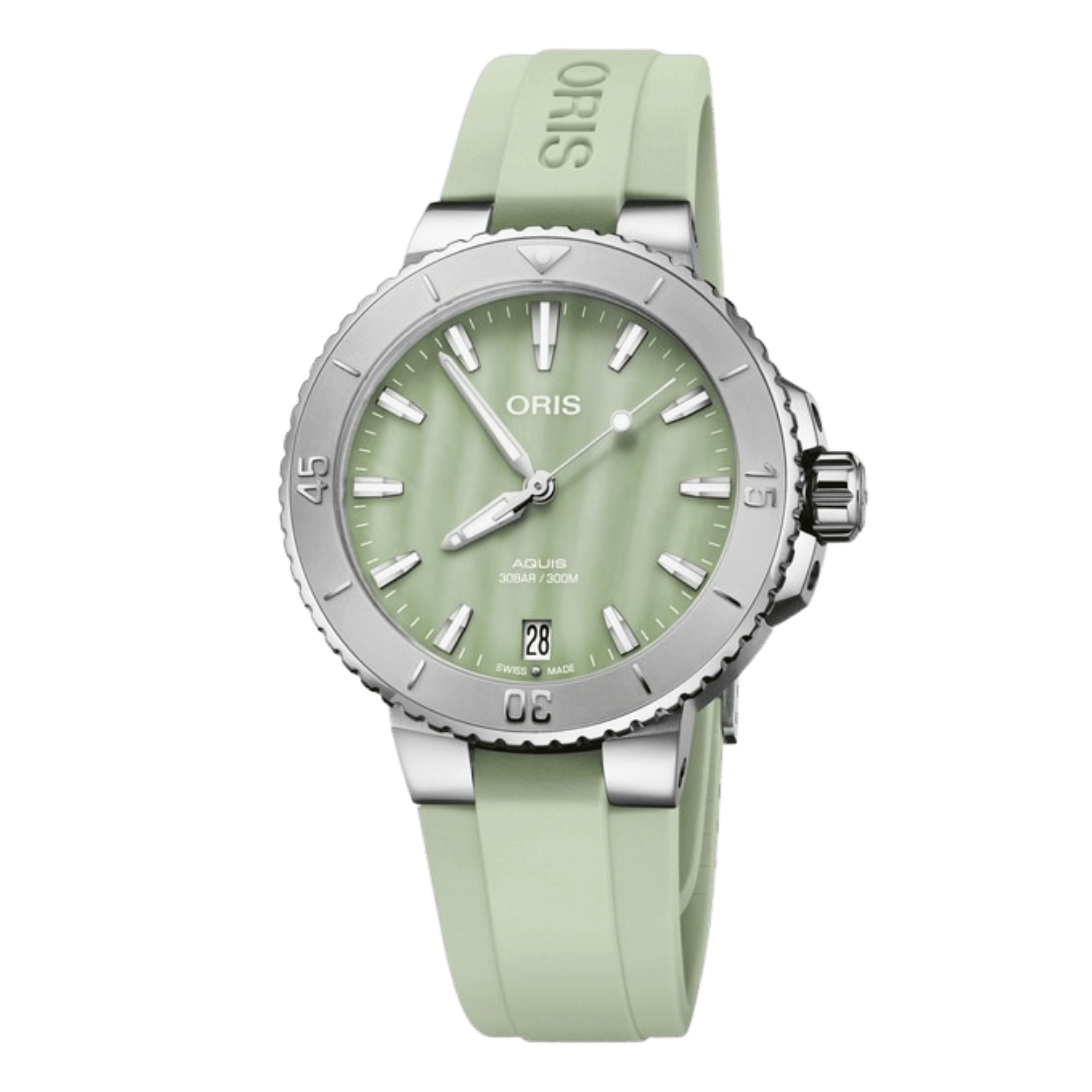 Montre Oris Plongée Aquis Date Calibre 733 automatique cadran nacre verte bracelet caoutchouc 36,5 mm