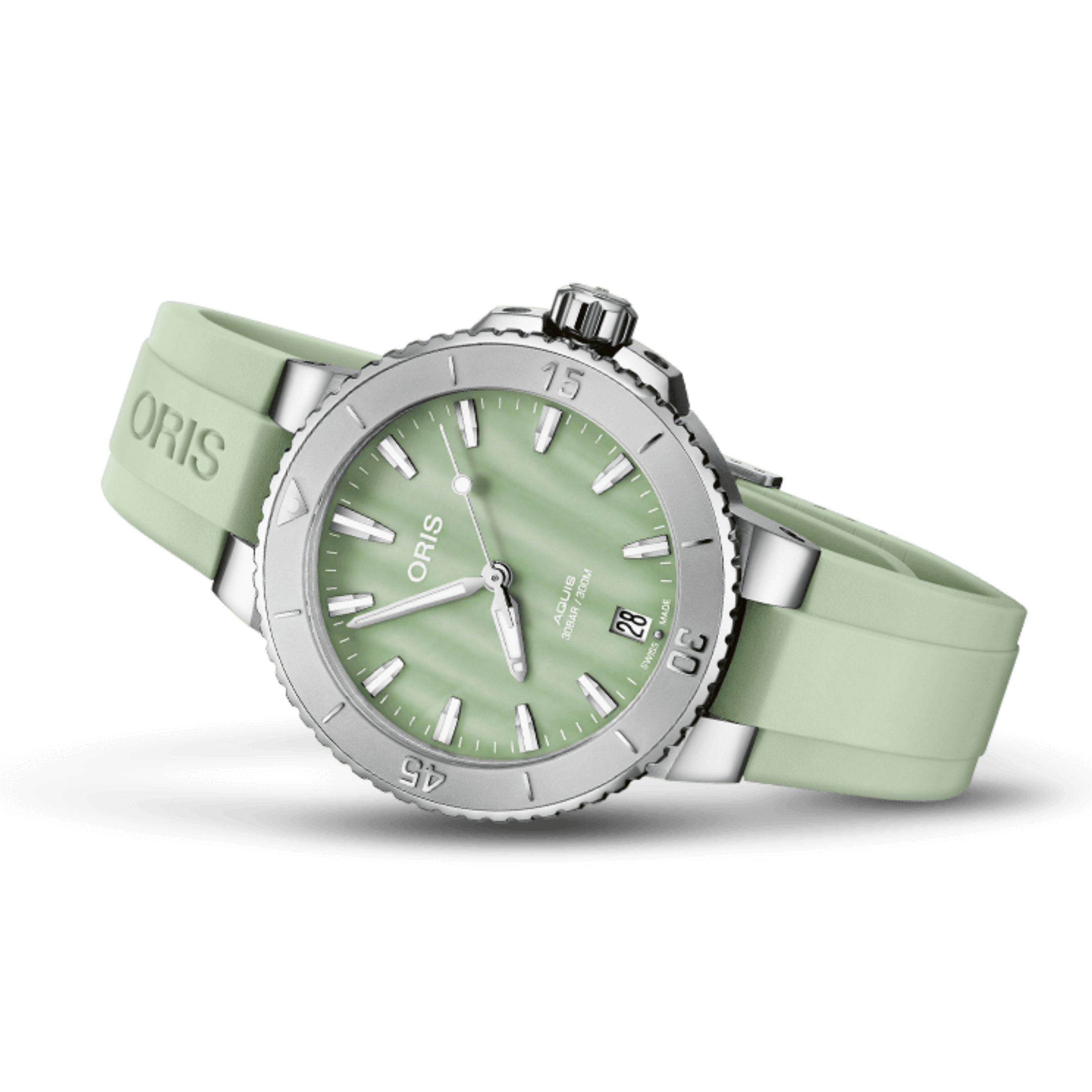 Oris Plongée Aquis Date Caliber 733 green mother-of-pearl dial automatic rubber strap 36,5 mm