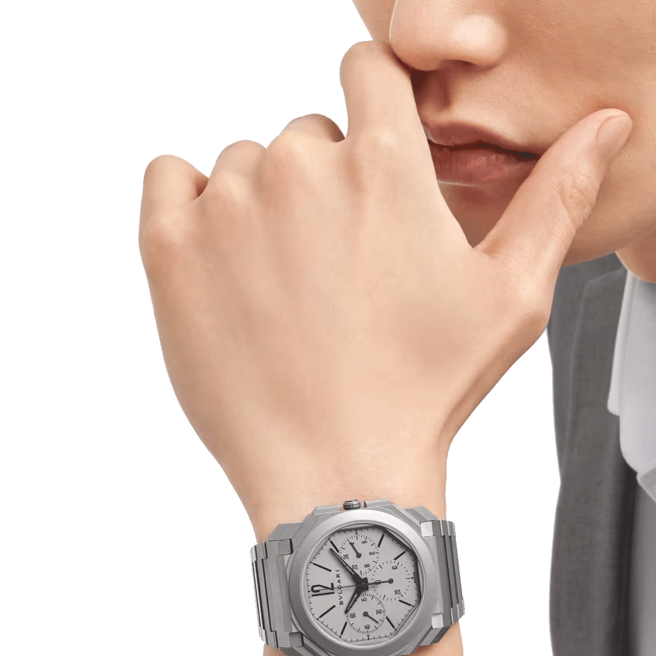 Montre Bulgari Octo Finissimo Chronographe GMT automatique cadran titane gris bracelet titane 42 mm 103068