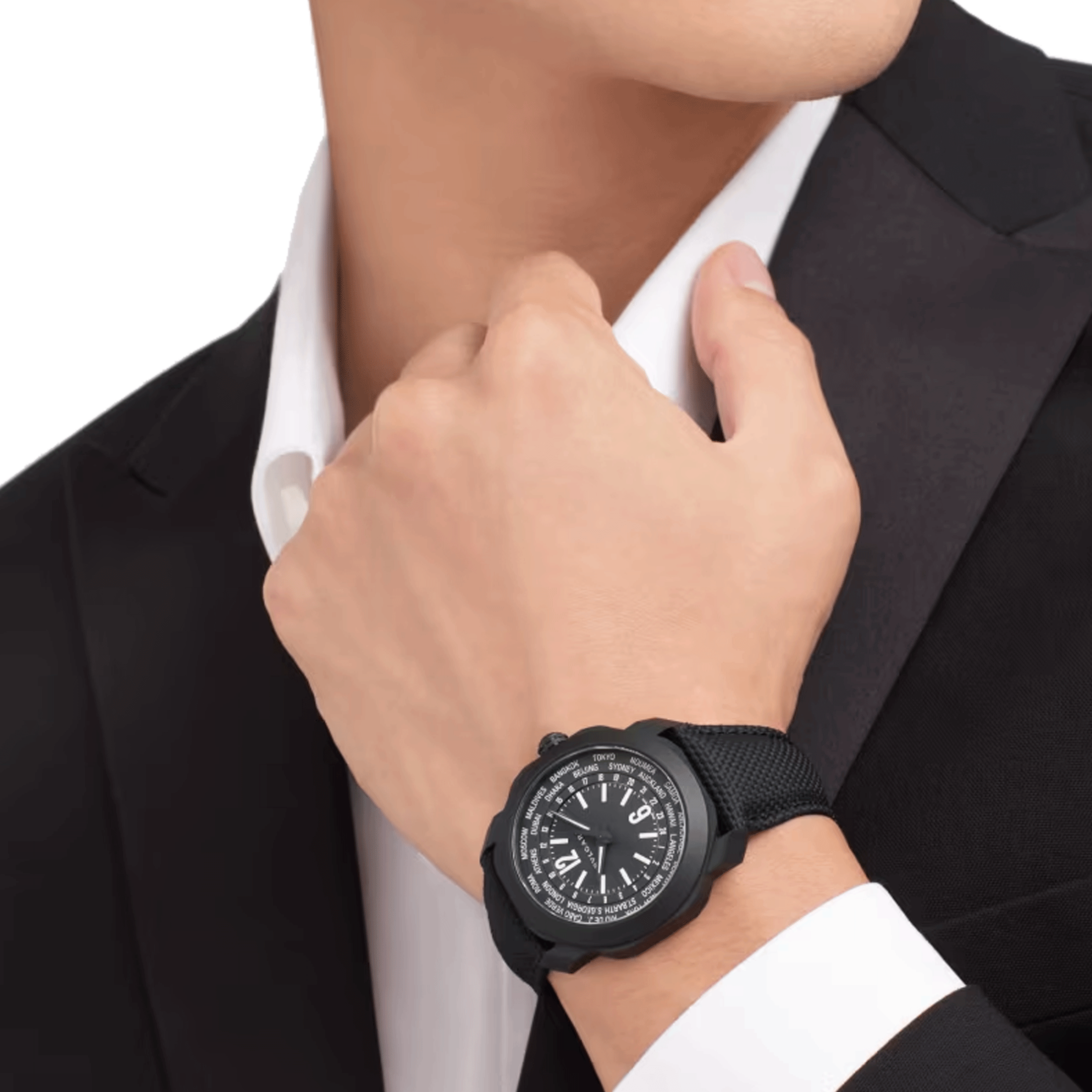 Bulgari Octo Roma WorldTimer automatic watch black dial black rubber strap 41 mm 103486