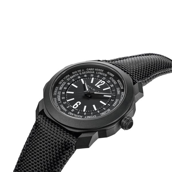 Bulgari Octo Roma WorldTimer automatic watch black dial black rubber strap 41 mm 103486