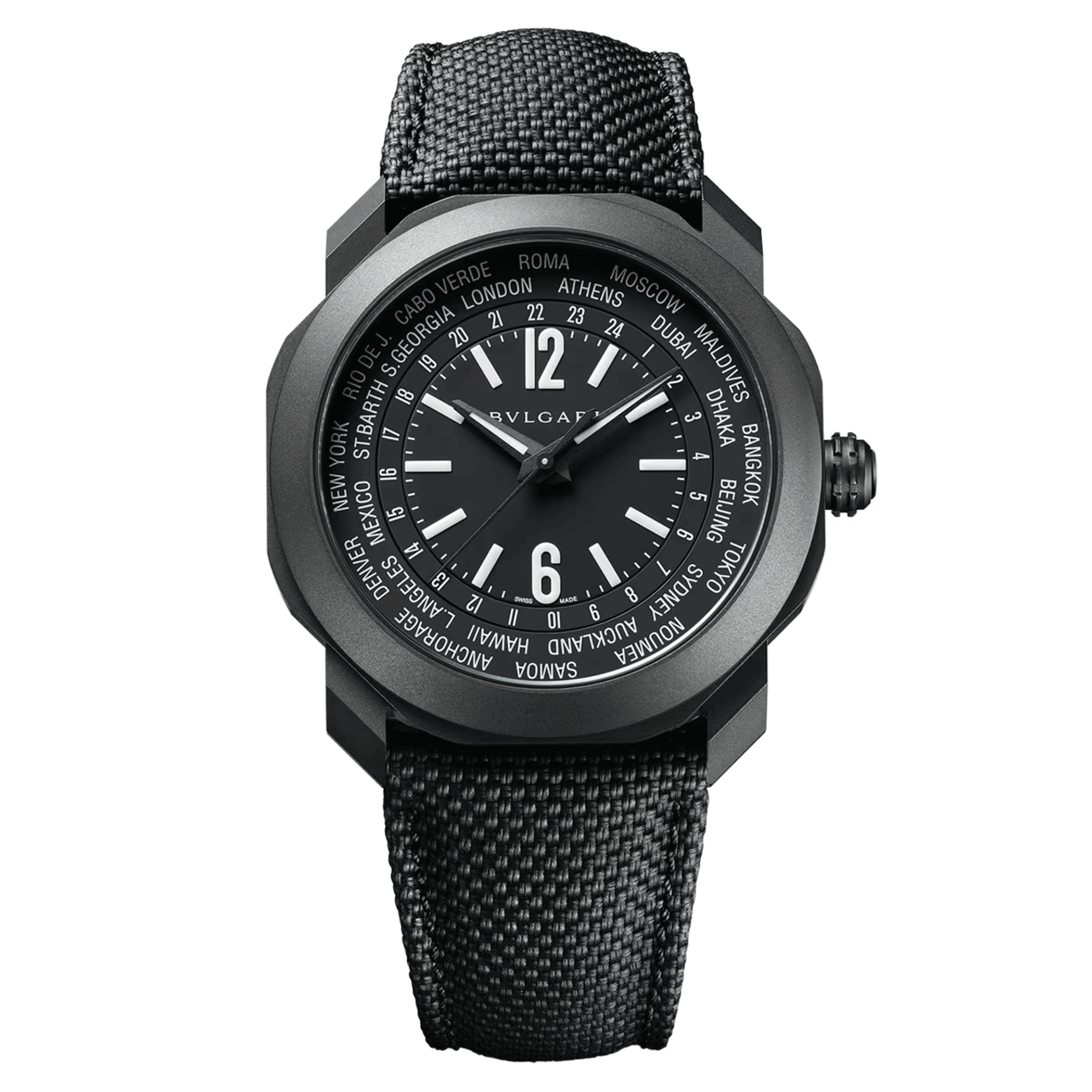 Bulgari Octo Roma WorldTimer automatic watch black dial black rubber strap 41 mm 103486