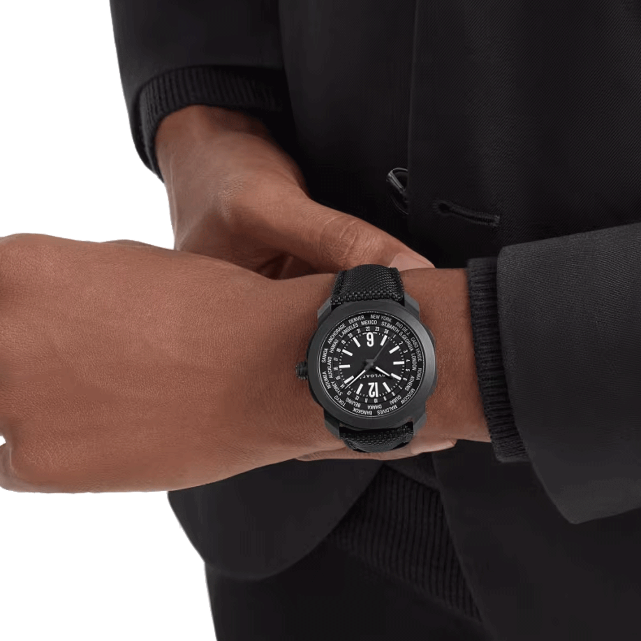 Bulgari Octo Roma WorldTimer automatic watch black dial black rubber strap 41 mm 103486