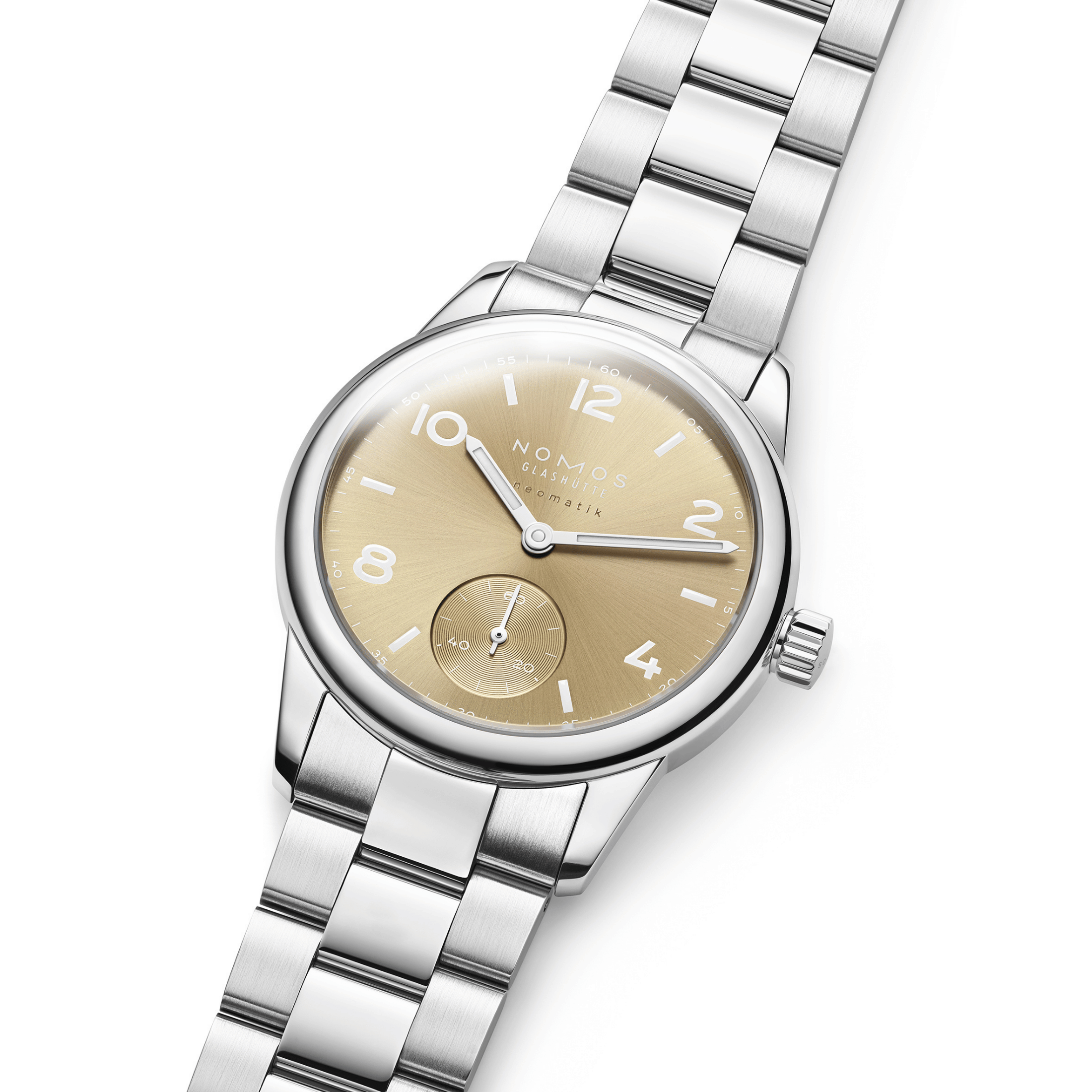 Nomos Club Sport Neomatik 34 Gold automatic sapphire back golden dial steel bracelet 34 mm