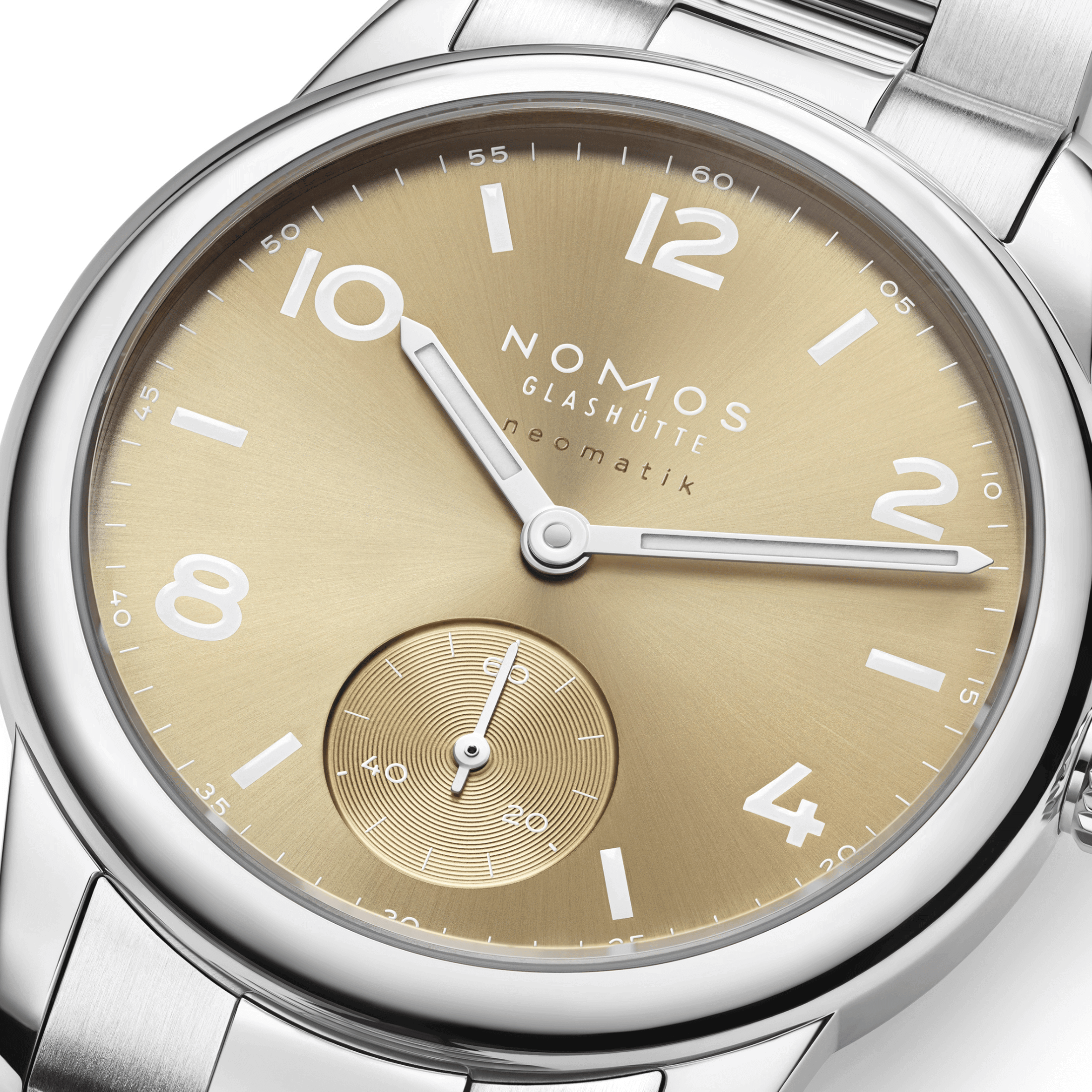 Nomos Club Sport Neomatik 34 Gold automatic sapphire back golden dial steel bracelet 34 mm