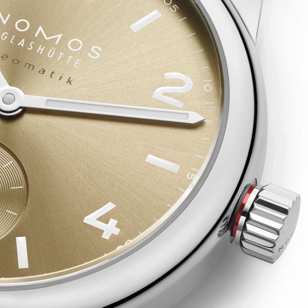Nomos Club Sport Neomatik 34 Gold automatic sapphire back golden dial steel bracelet 34 mm
