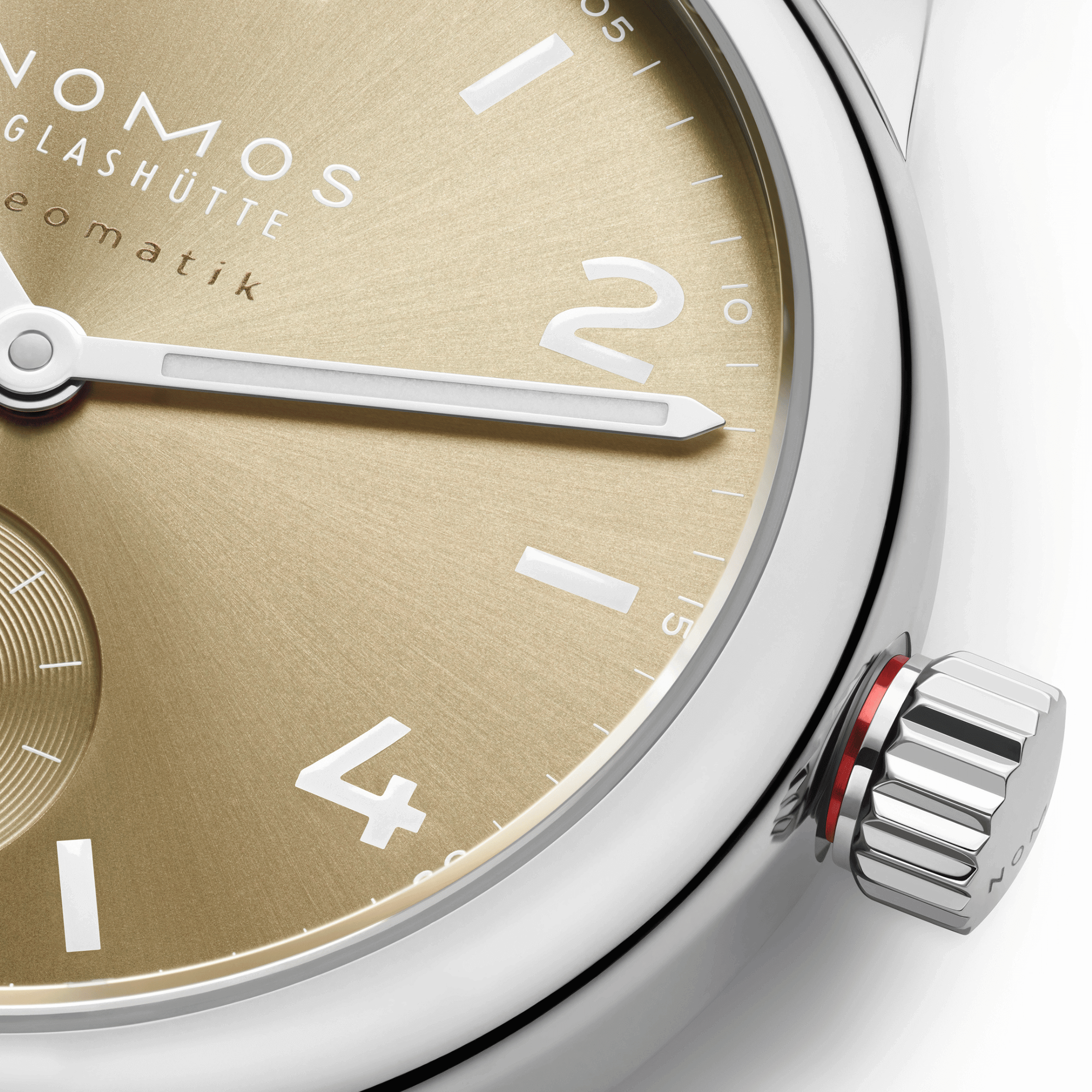 Nomos Club Sport Neomatik 34 Gold automatic sapphire back golden dial steel bracelet 34 mm
