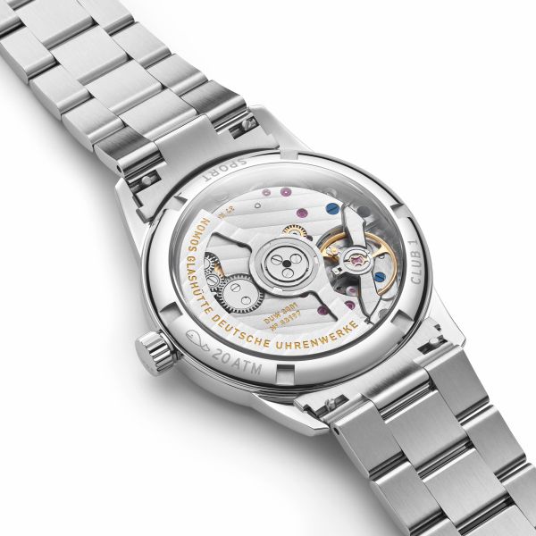 Nomos Club Sport Neomatik 34 Gold automatic sapphire back golden dial steel bracelet 34 mm
