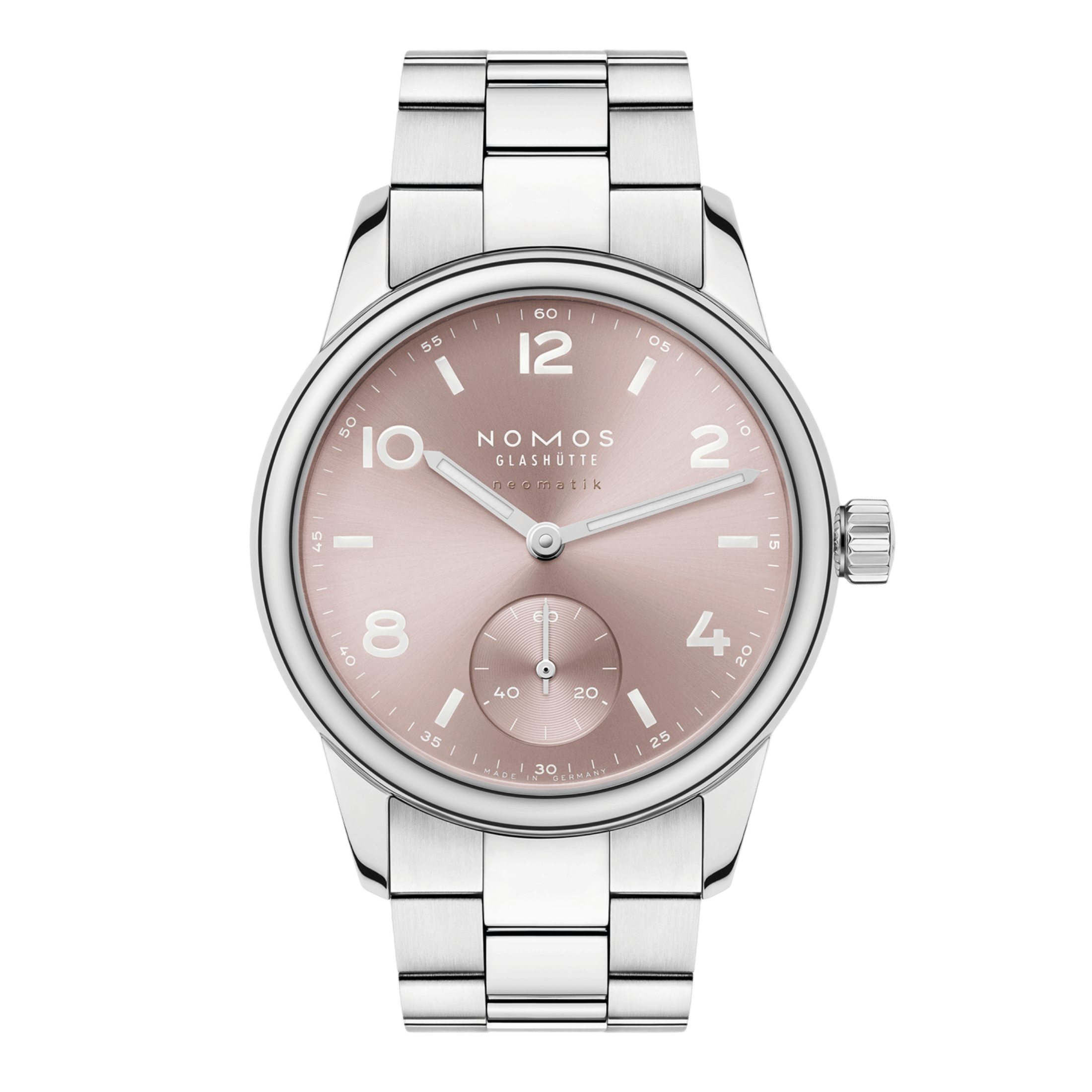 Nomos Club Sport Neomatik 34 Rosé automatic sapphire back pink dial steel bracelet 34 mm
