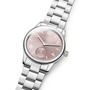 Nomos Club Sport Neomatik 34 Rosé automatic sapphire back pink dial steel bracelet 34 mm