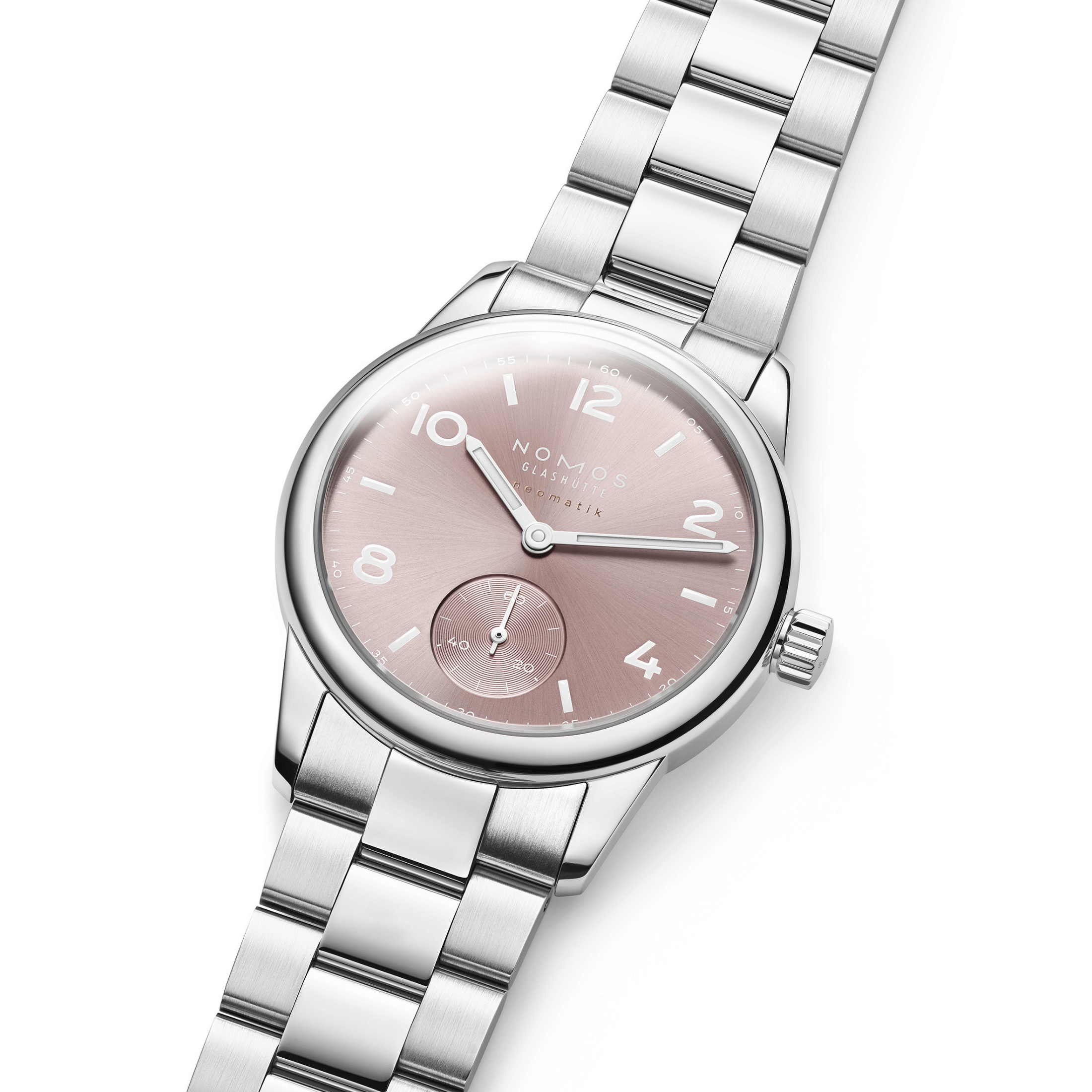Montre Nomos Club Sport Neomatik 34 Rosé automatique fond saphir cadran rose bracelet acier 34 mm