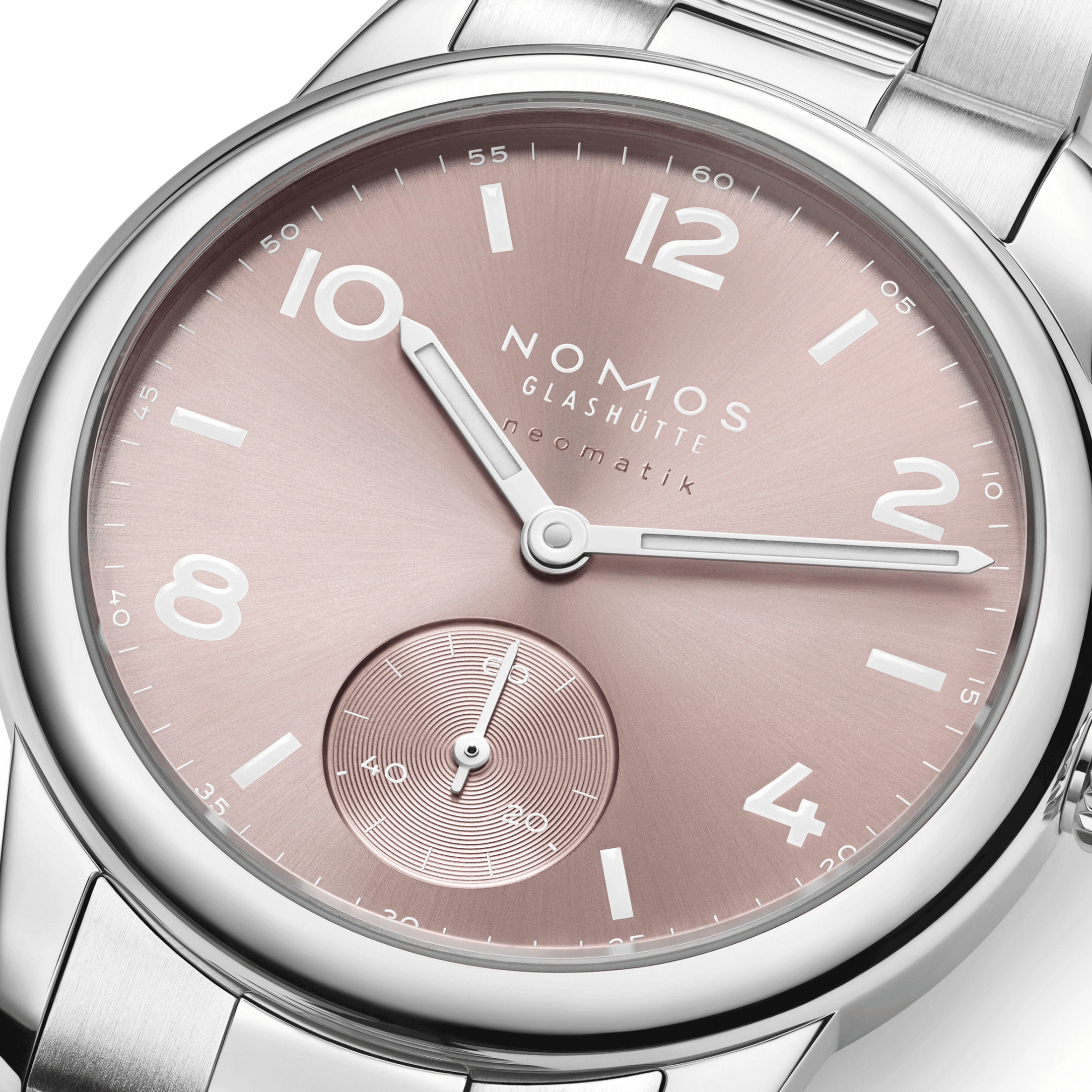 Nomos Club Sport Neomatik 34 Rosé automatic sapphire back pink dial steel bracelet 34 mm