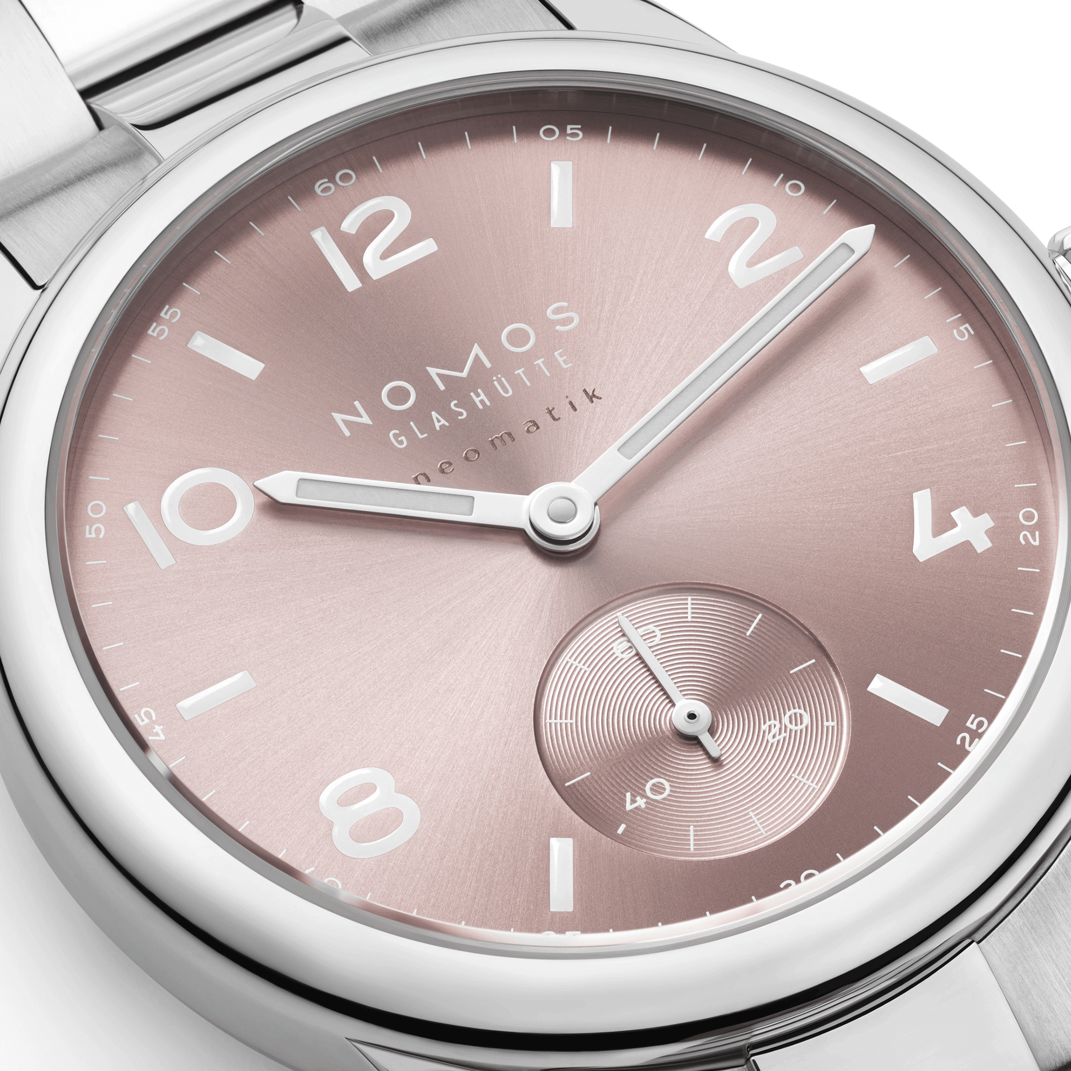 Nomos Club Sport Neomatik 34 Rosé automatic sapphire back pink dial steel bracelet 34 mm