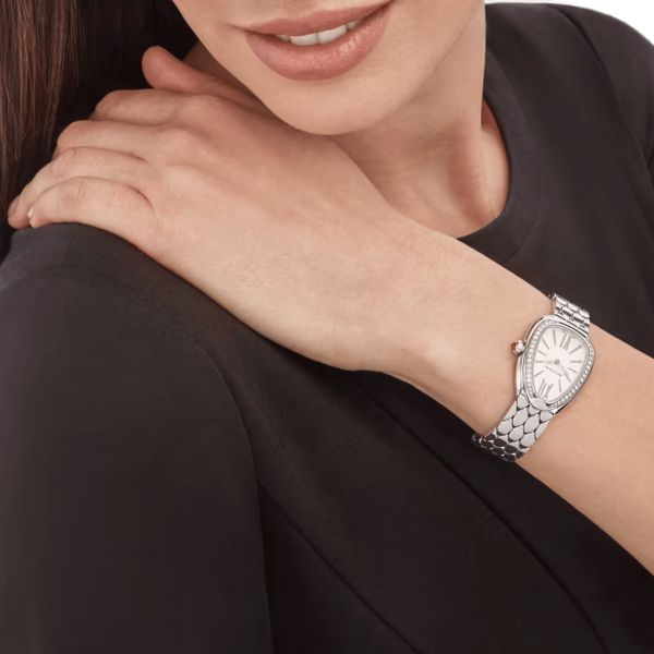 Bulgari Serpenti Seduttori quartz watch bezel set white dial steel bracelet 33 mm 103949