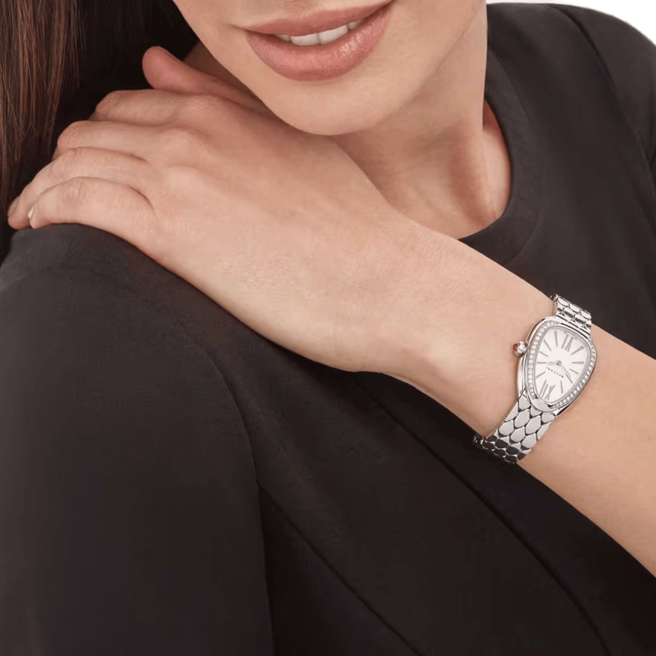 Bulgari Serpenti Seduttori quartz watch bezel set white dial steel bracelet 33 mm 103949