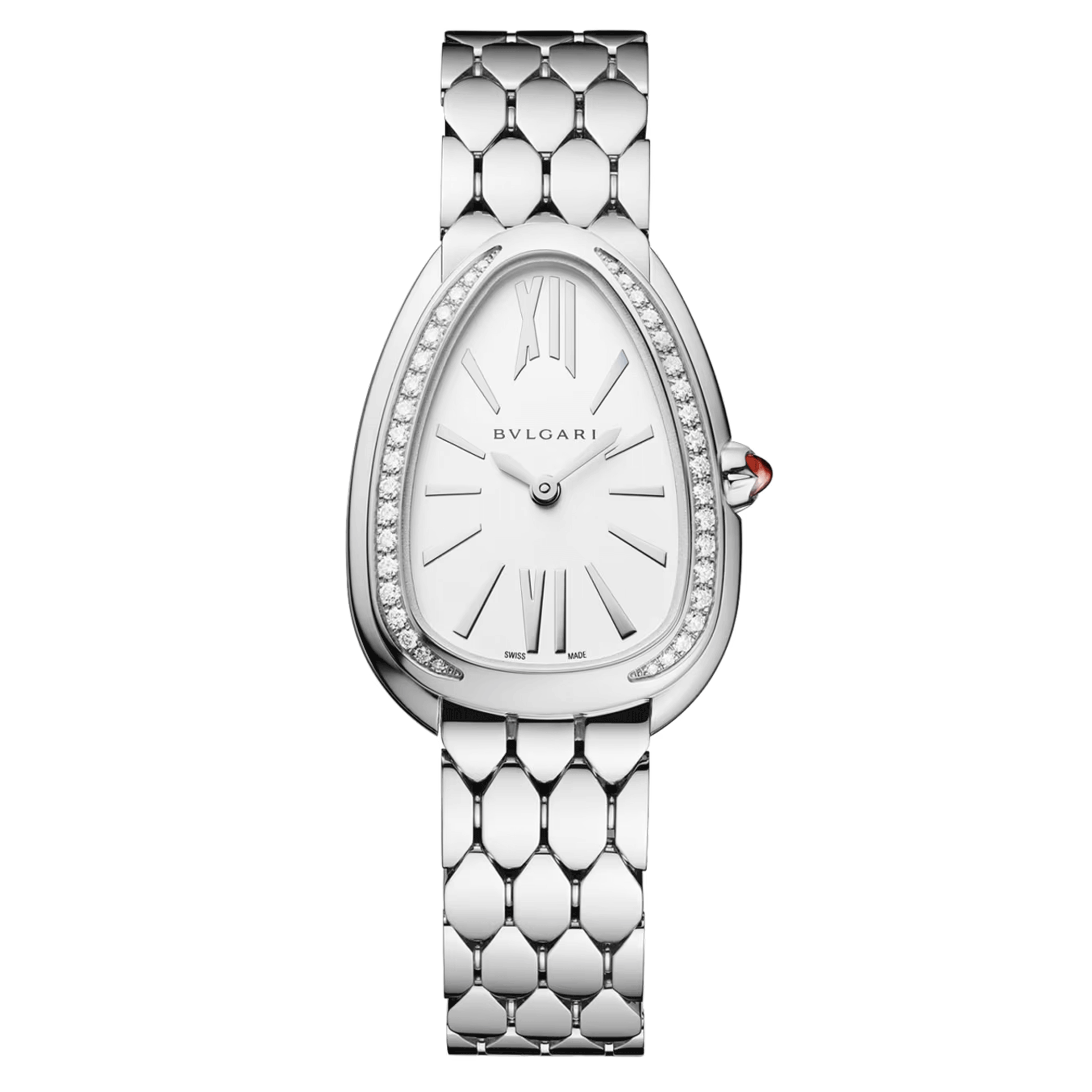 Bulgari Serpenti Seduttori quartz watch bezel set white dial steel bracelet 33 mm 103949