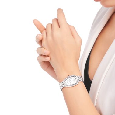 Bulgari Serpenti Seduttori quartz watch bezel set white dial steel bracelet 33 mm 103949
