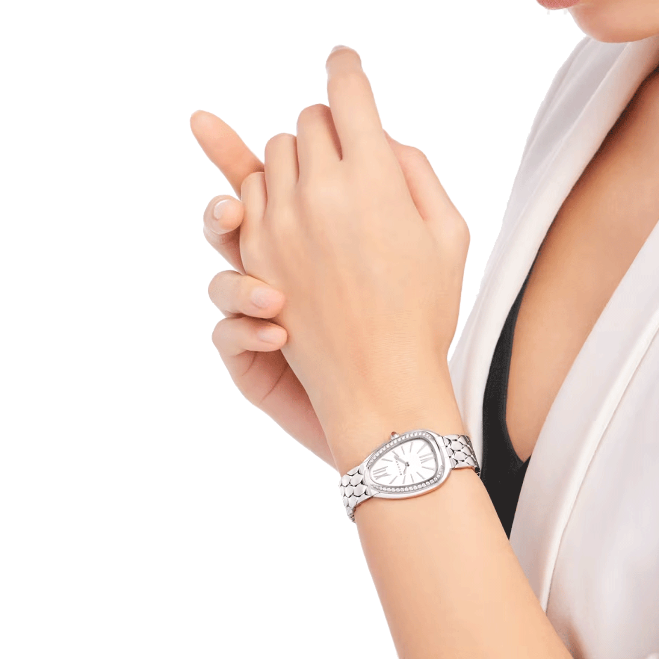 Bulgari Serpenti Seduttori quartz watch bezel set white dial steel bracelet 33 mm 103949