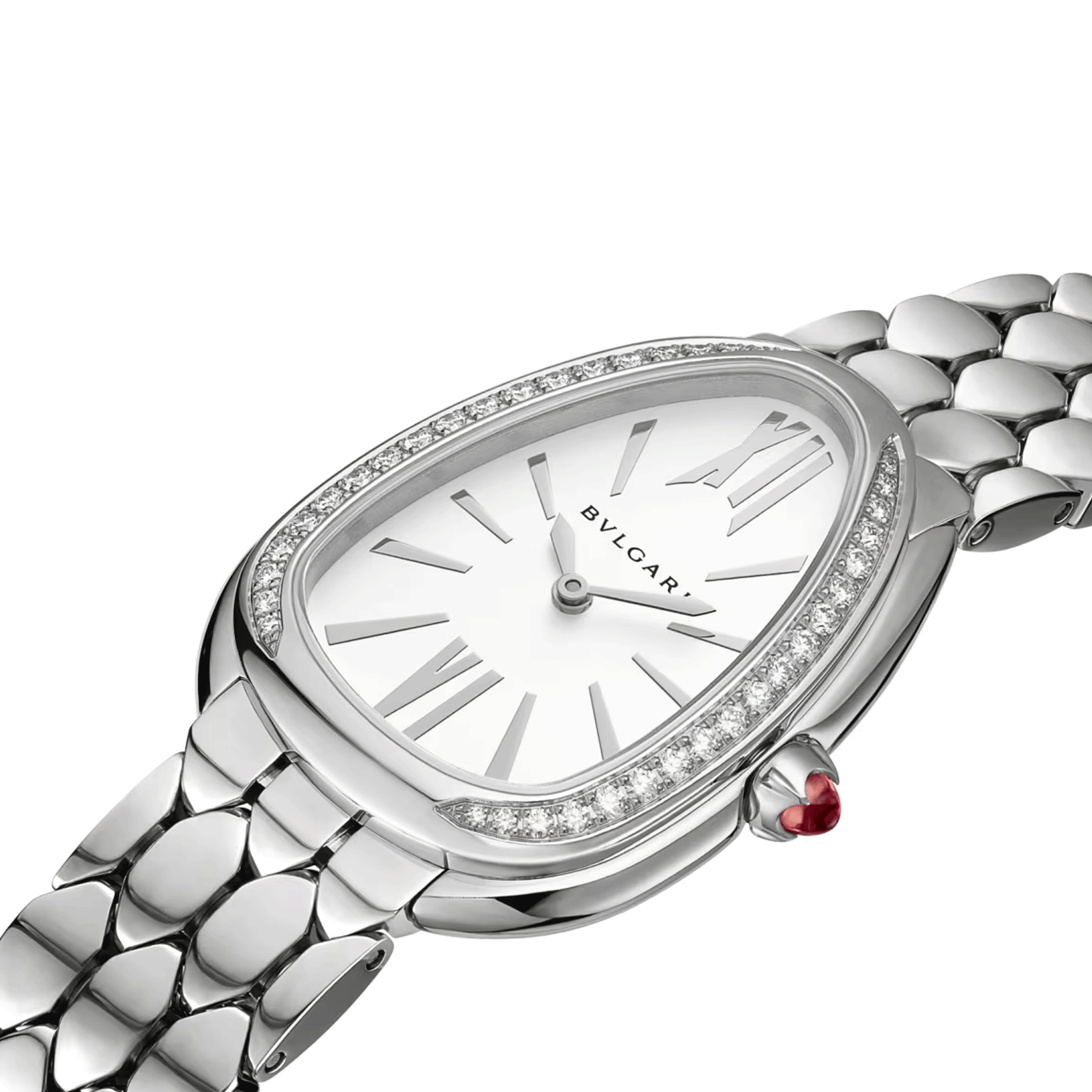 Bulgari Serpenti Seduttori quartz watch bezel set white dial steel bracelet 33 mm 103949