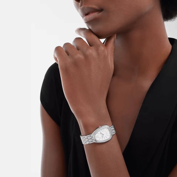 Bulgari Serpenti Seduttori quartz watch bezel set white dial steel bracelet 33 mm 103949
