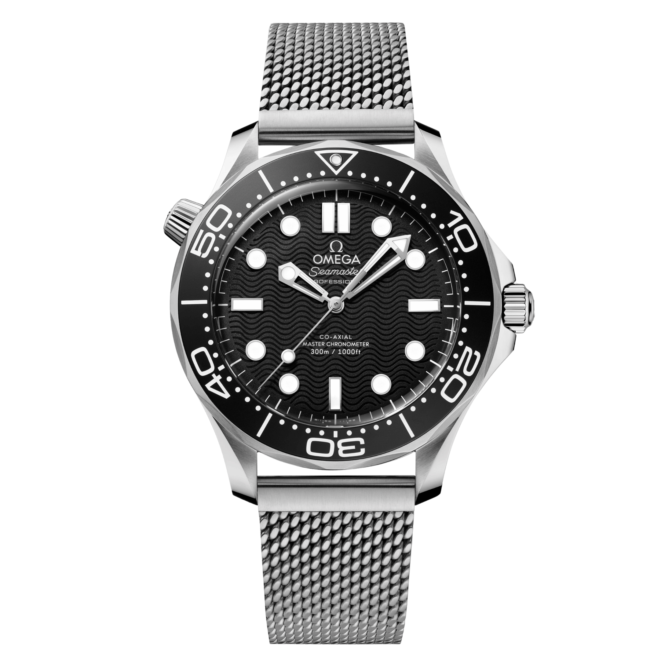 Omega Seamaster Diver 300m Co-Axial Master Chronometer black dial mesh steel bracelet 42 mm