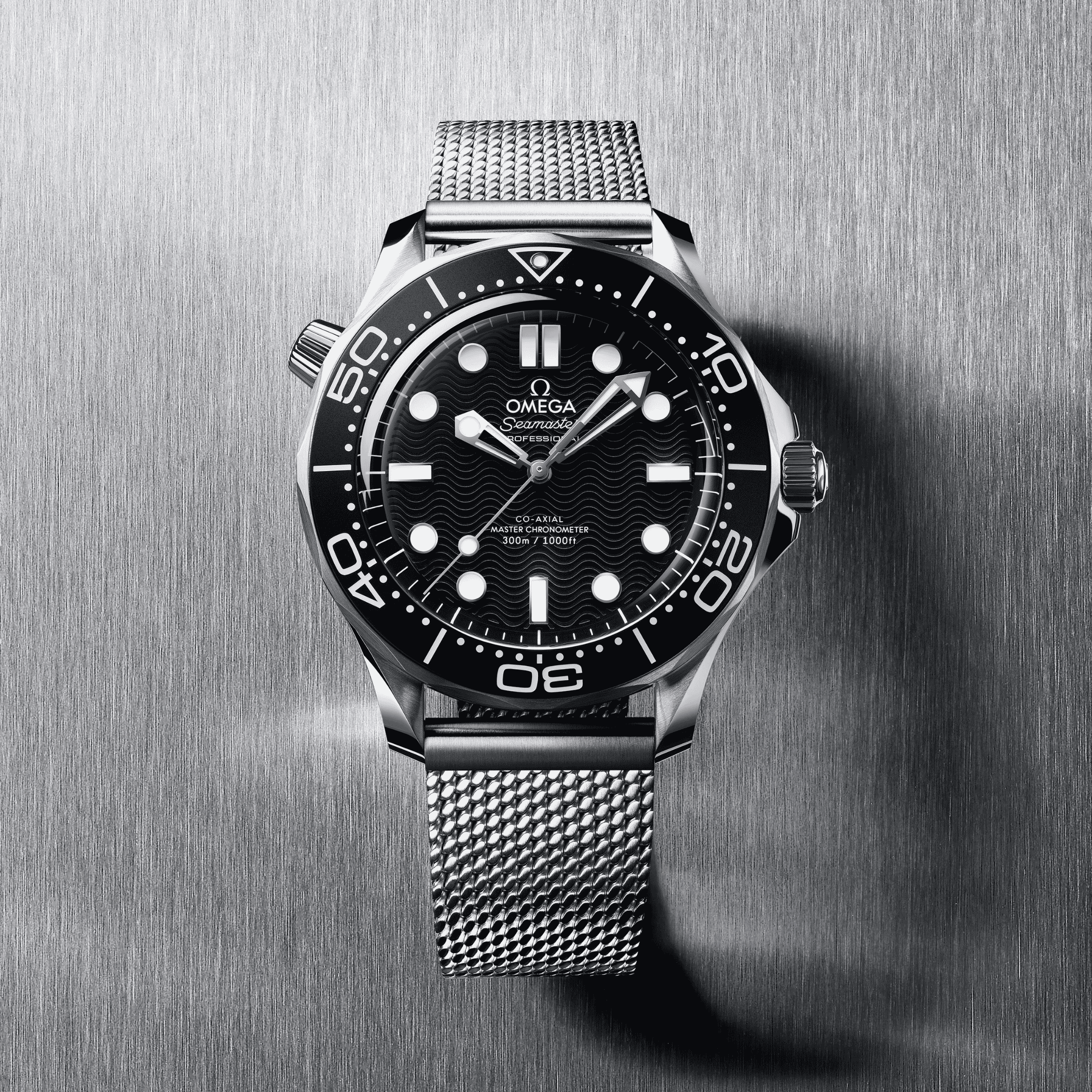 Omega Seamaster Diver 300m Co-Axial Master Chronometer black dial mesh steel bracelet 42 mm