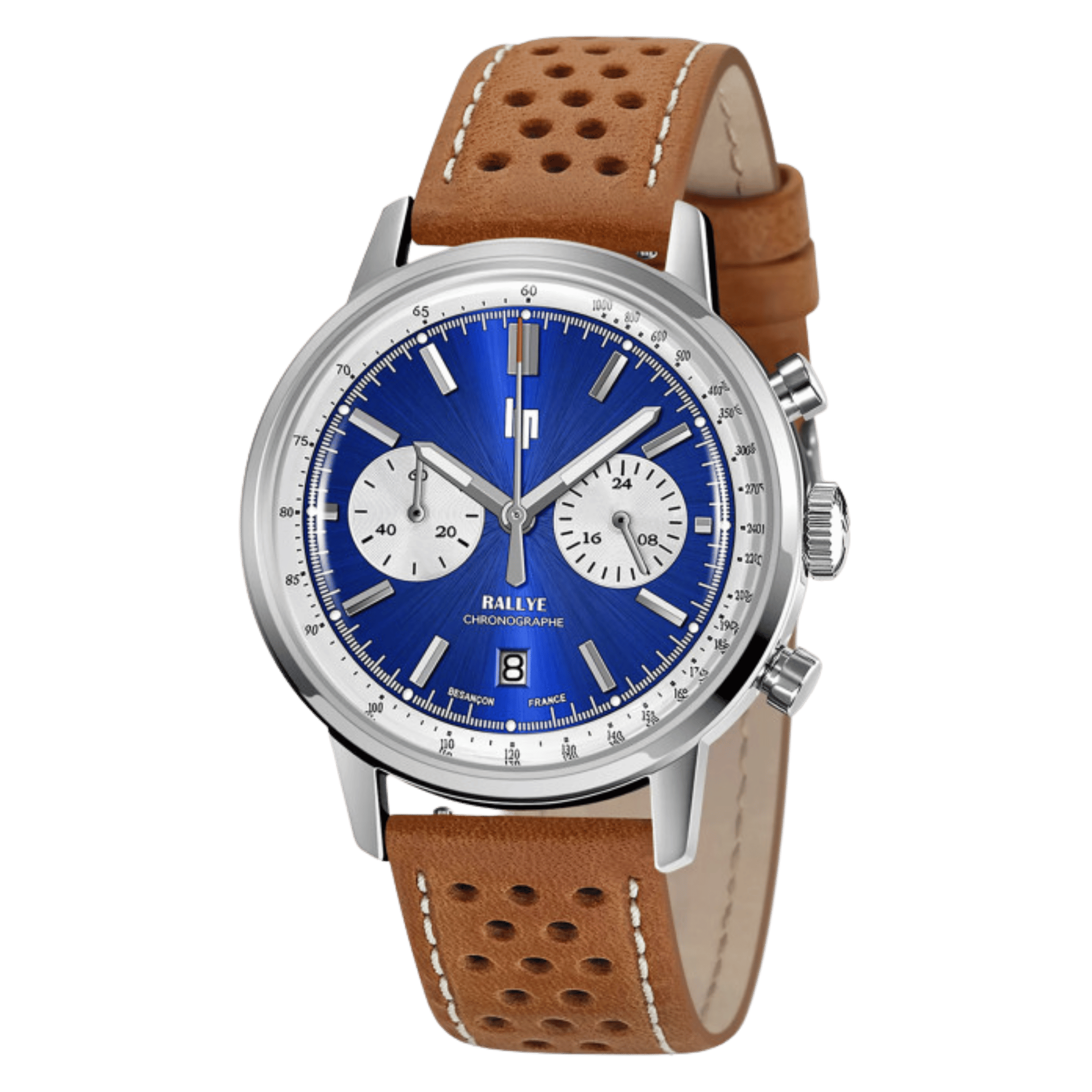 Montre Lip Rallye meca-quartz cadran bleu bracelet cuir marron 39 mm