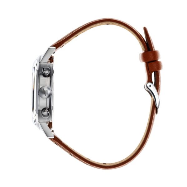 Montre Lip Rallye meca-quartz cadran bleu bracelet cuir marron 39 mm