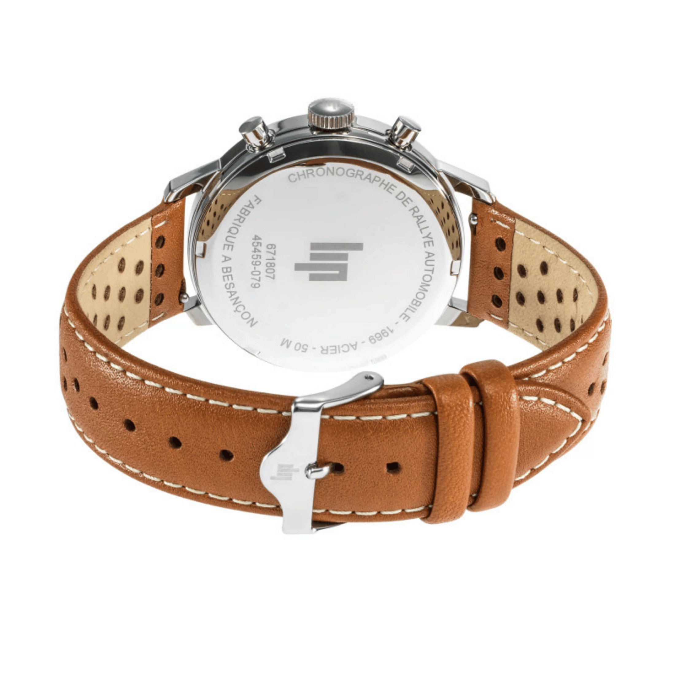 Montre Lip Rallye meca-quartz cadran bleu bracelet cuir marron 39 mm